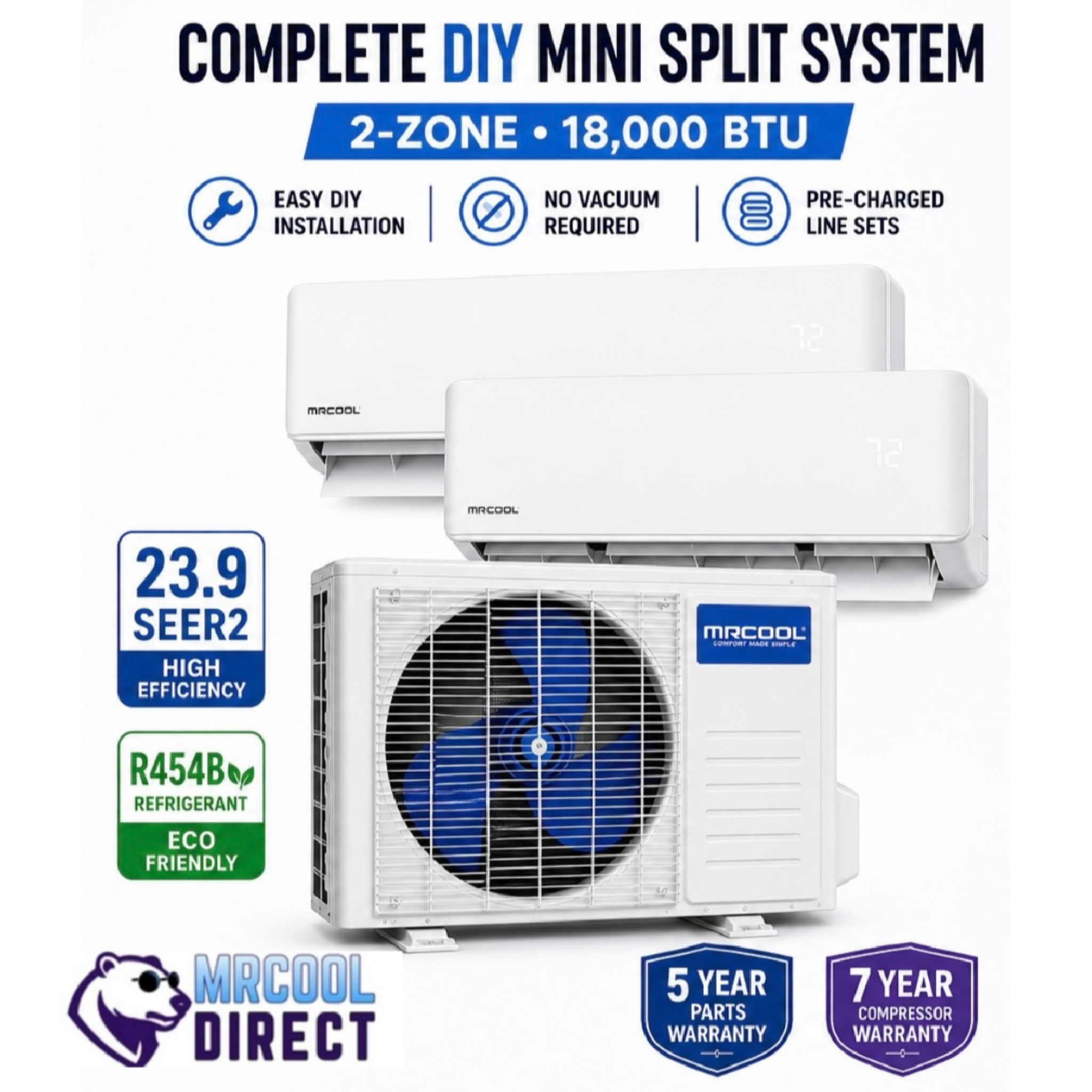 MRCOOL DIY 5th Gen 2 zone 18000 BTU ductless mini split heat pump system with two wall mounted air handlers 23.9 SEER2 condenser R454B refrigerant and DIY installation kit