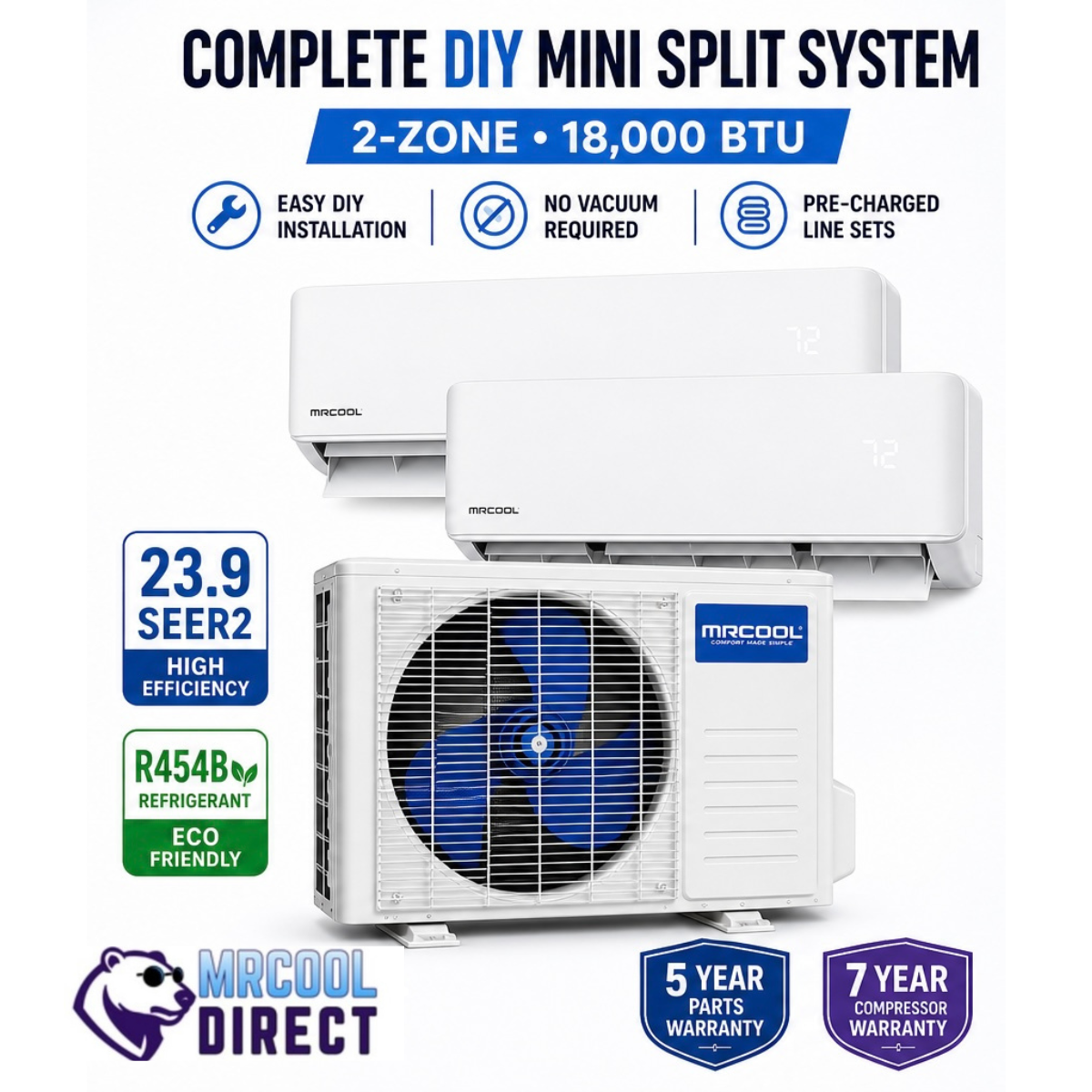 MRCOOL® DIY® 5th Gen 2-Zone 15,000 BTU Ductless Mini Split Air Conditioner & Heat Pump with complete system of what comes with it and warranty, seer and refrigerant on white background 