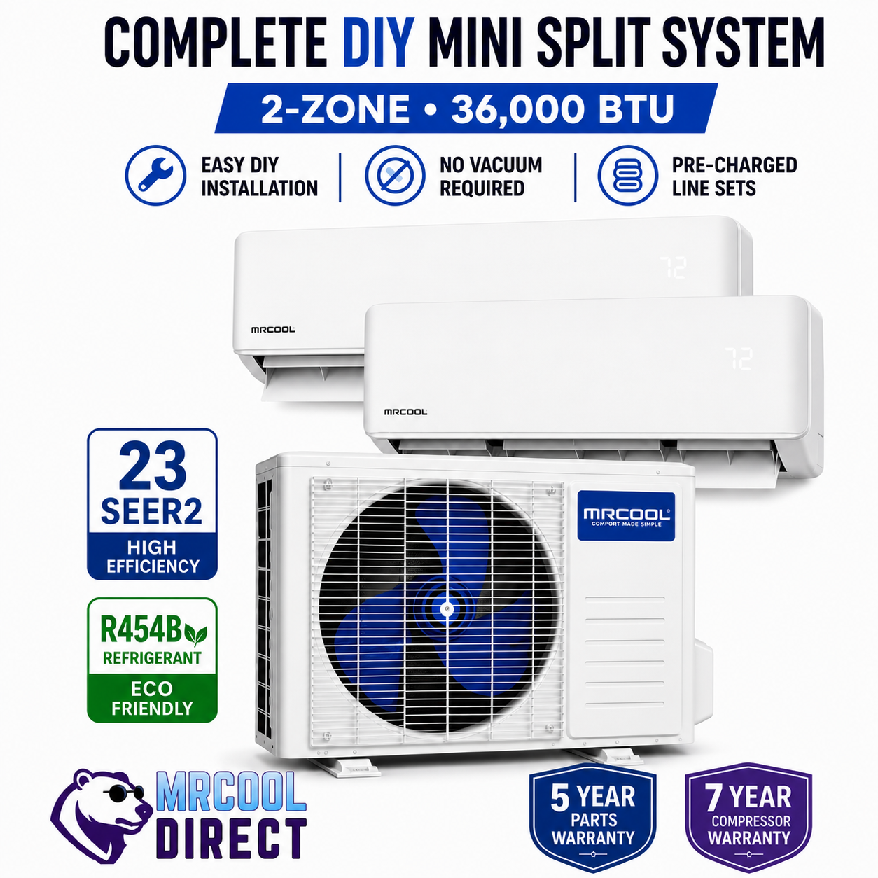MRCOOL DIY 5th Gen 2-Zone 36,000 BTU ductless mini split heat pump system with two wall mount air handlers, 23 SEER2 efficiency, R454B refrigerant, pre-charged line sets, and DIY installation kit.