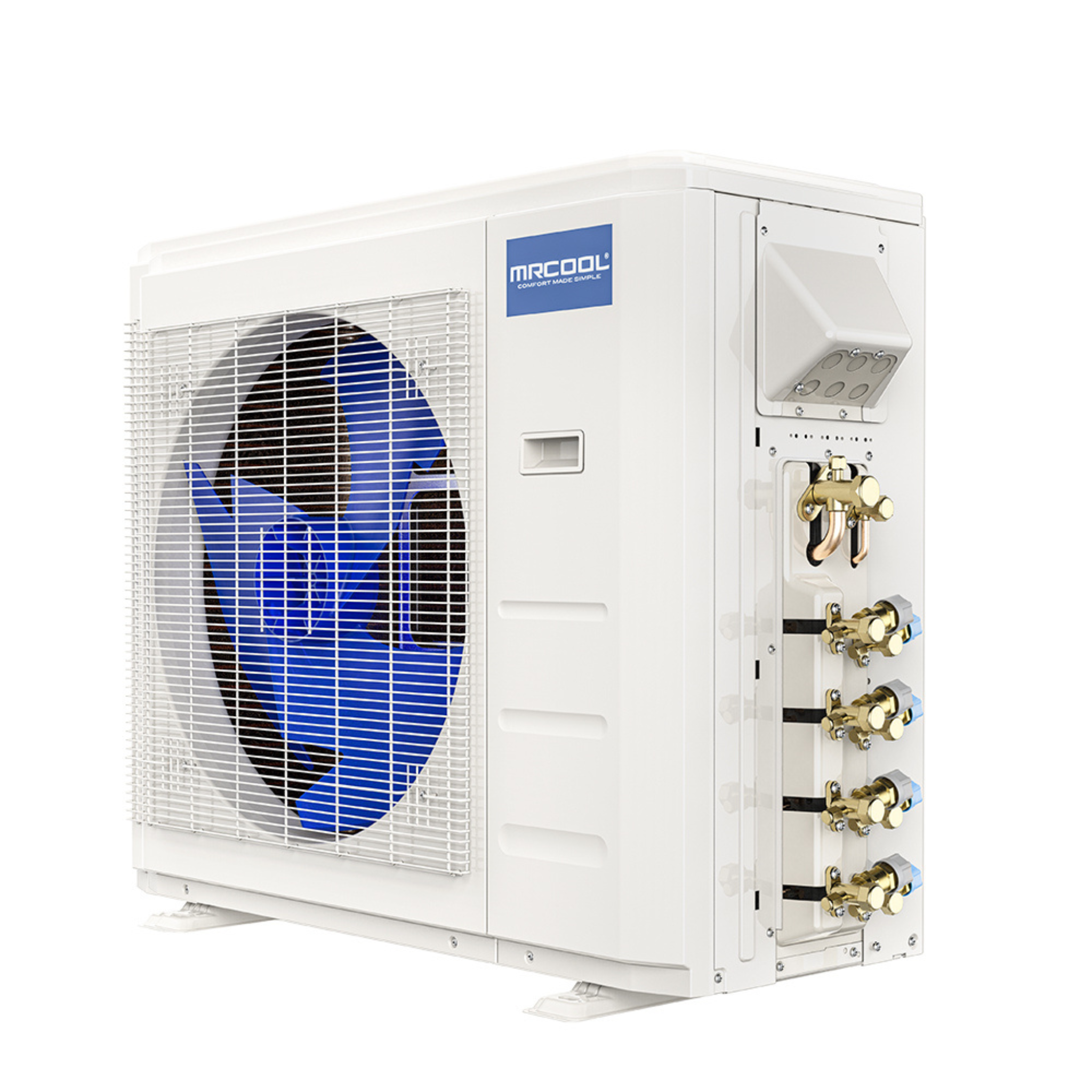 Side connection view of MRCOOL DIY 5th Gen 27000 BTU multi zone ductless mini split condenser showing pre charged line set connection ports and inverter heat pump outdoor unit with R454B refrigerant DIY-MULTI4-27HP230D-O