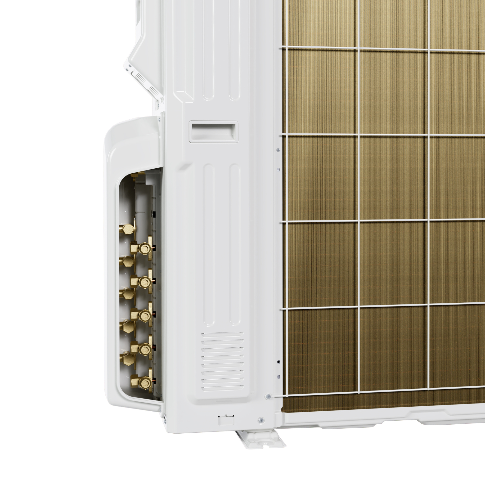 Close-up side view of MRCOOL DIY 5th Generation 36K BTU 5-zone mini split condenser showing refrigerant connection ports and rear condenser coil for multi-zone HVAC installation.
