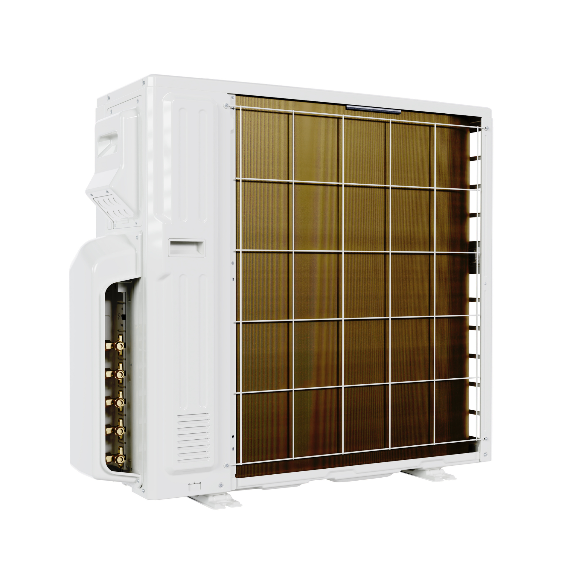 Rear coil view of MRCOOL DIY 5th Generation 36K BTU 5-zone mini split condenser showing copper heat exchanger and multi-zone connection panel for ductless heating and cooling systems.