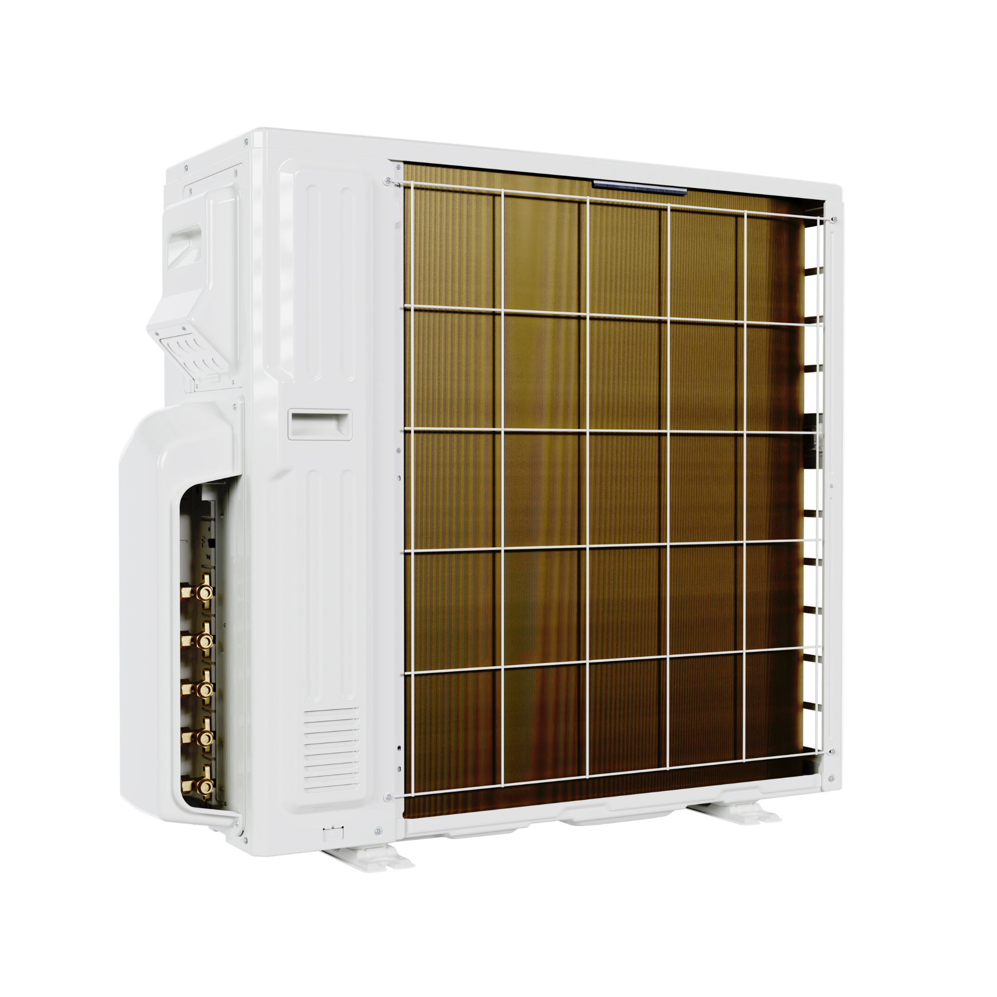 Rear coil view of MRCOOL DIY 5th Generation 36K BTU 5-zone mini split condenser showing copper heat exchanger and multi-zone connection panel for ductless heating and cooling systems.
