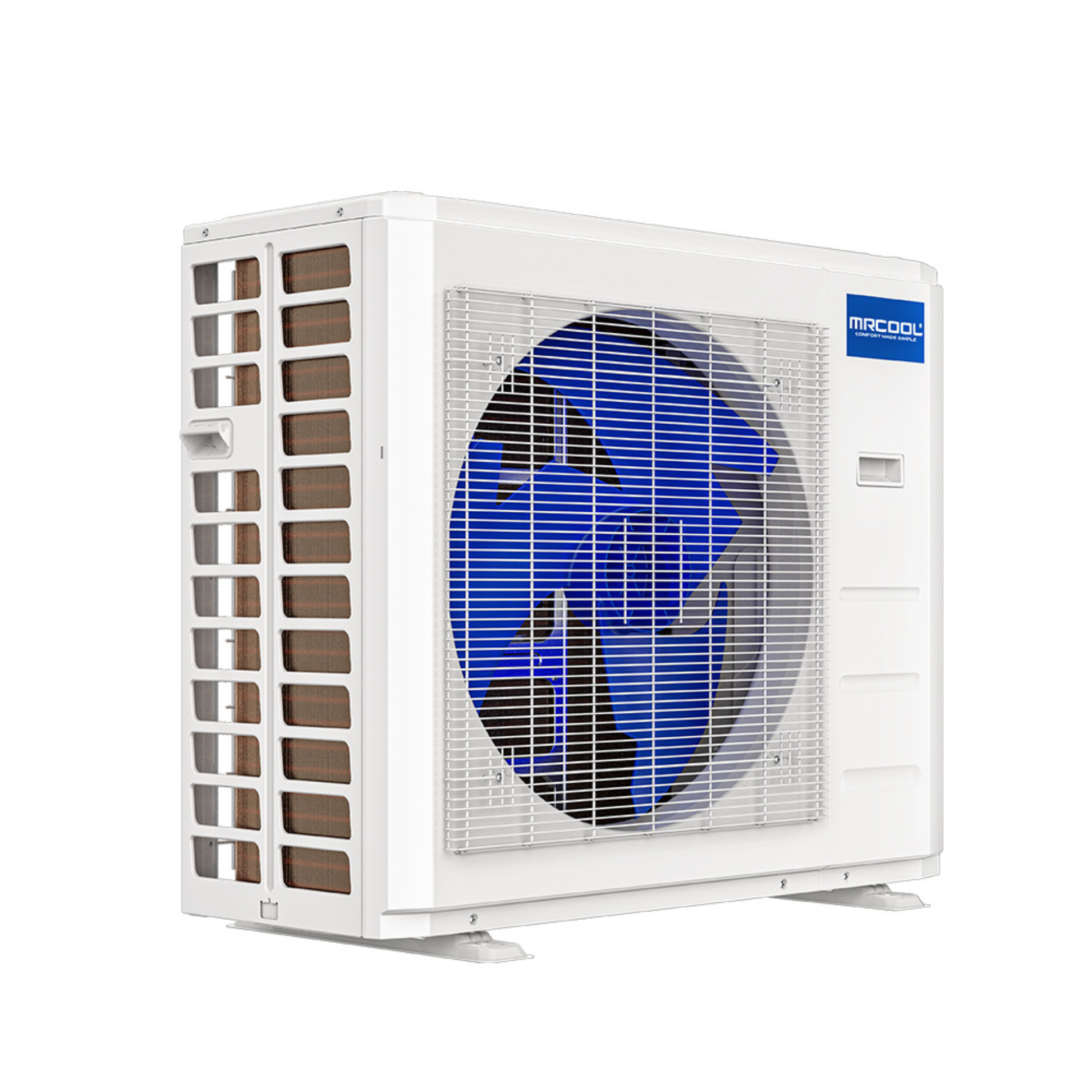 Perspective view of MRCOOL DIY 5th Generation 36K BTU 5-zone outdoor mini split condenser with inverter heat pump technology for multi-zone ductless heating and cooling systems.