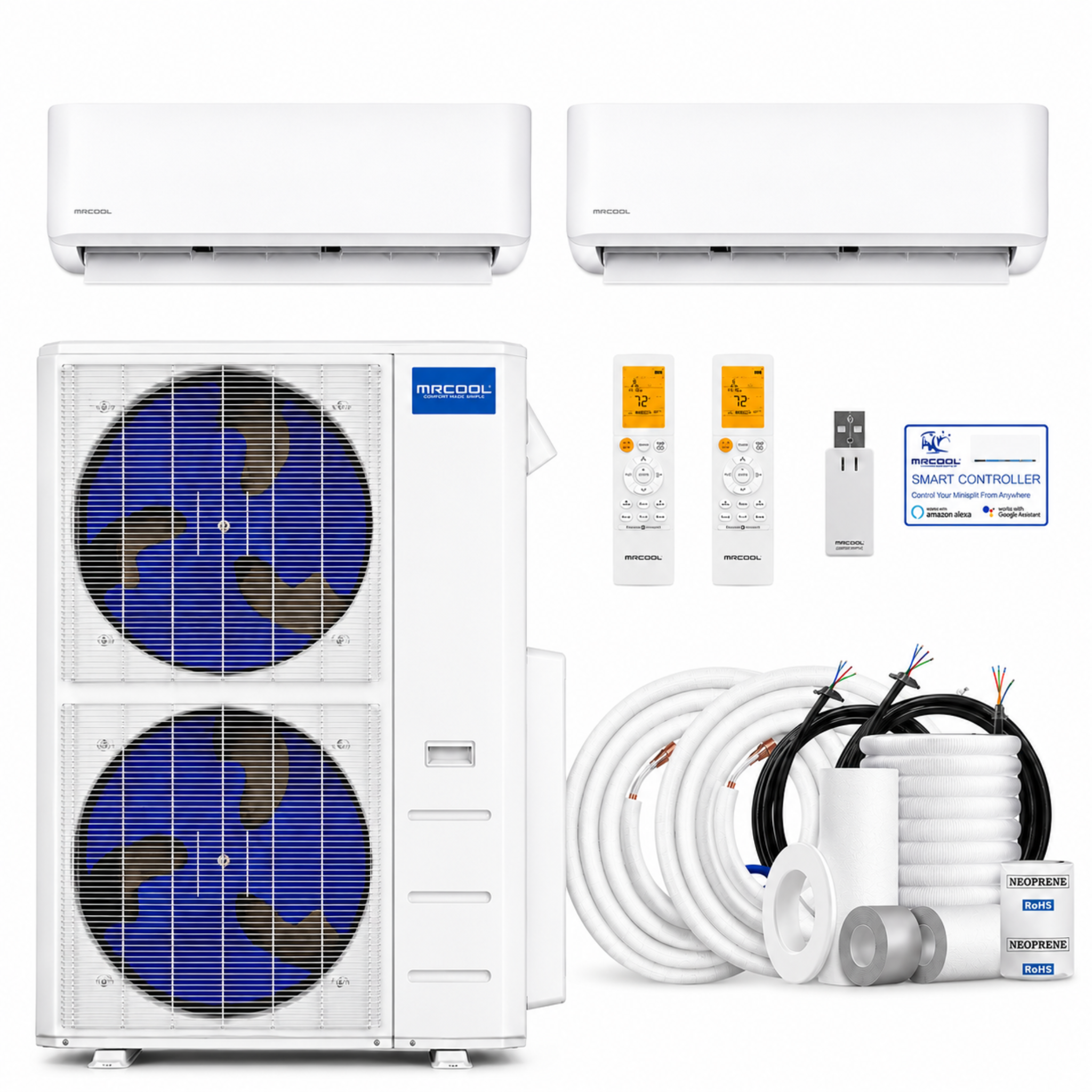 MRCOOL DIY 5th Gen 48,000 BTU 2-zone mini split complete system kit with two wall mounted air handlers, outdoor condenser, remotes, smart controller, pre-charged line sets, communication wire, drain hose, and installation accessories.   DIYM248HPW03D00