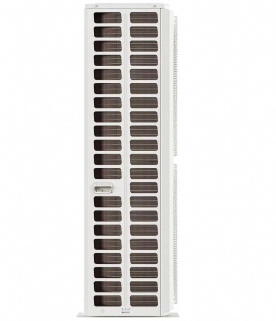 Side profile view of MRCOOL DIY 5th Gen 48,000 BTU multi-zone outdoor condenser showing high airflow side coil design and inverter heat pump construction on white background. DIY-MULTI6-48HP230D-O 
