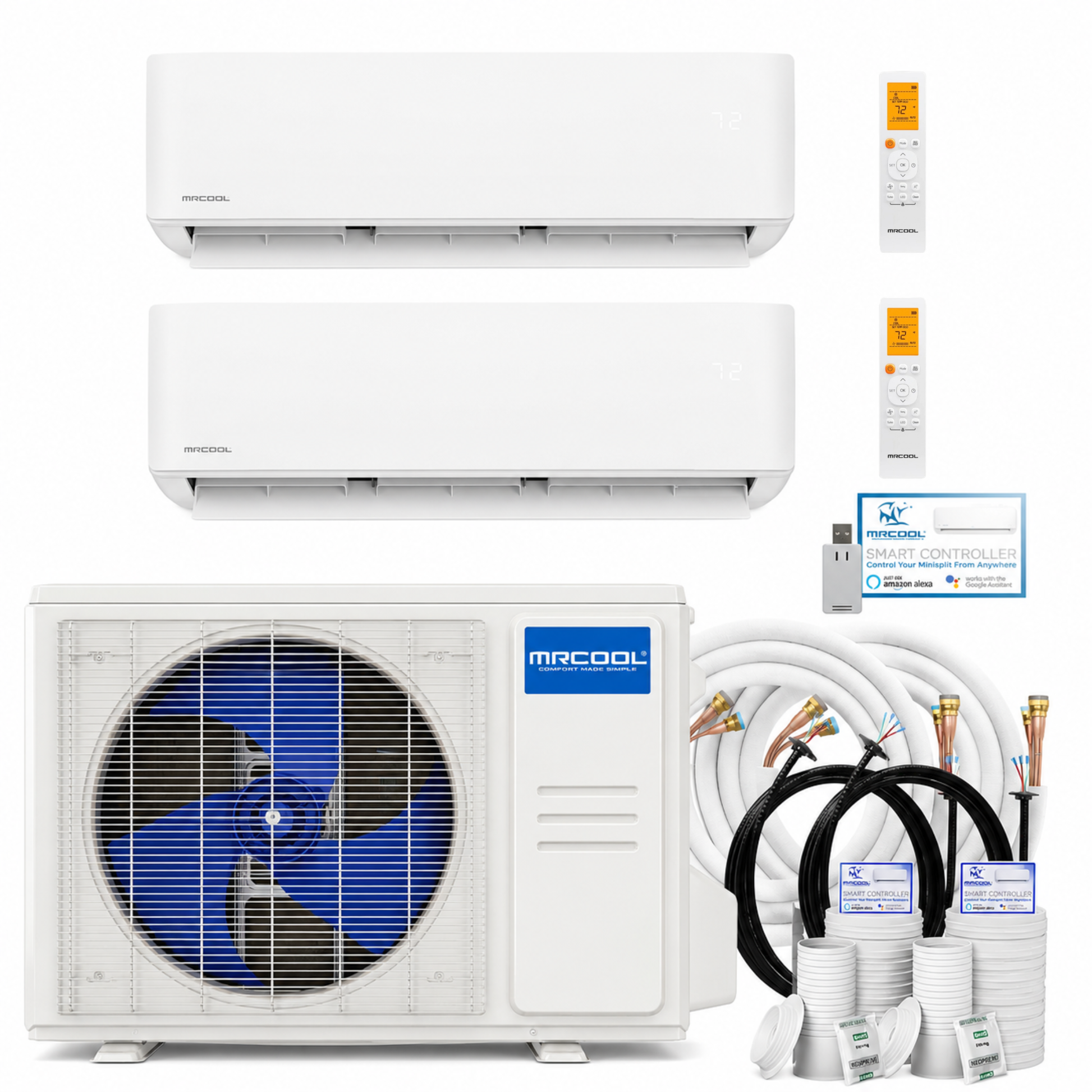MRCOOL DIY 5th Gen 36K BTU 5-Zone multi-zone mini split system bundle with two wall mount air handlers, outdoor condenser, pre-charged line sets, remotes, and Smart Controller for heating and cooling. DIYM236HPW01D07
