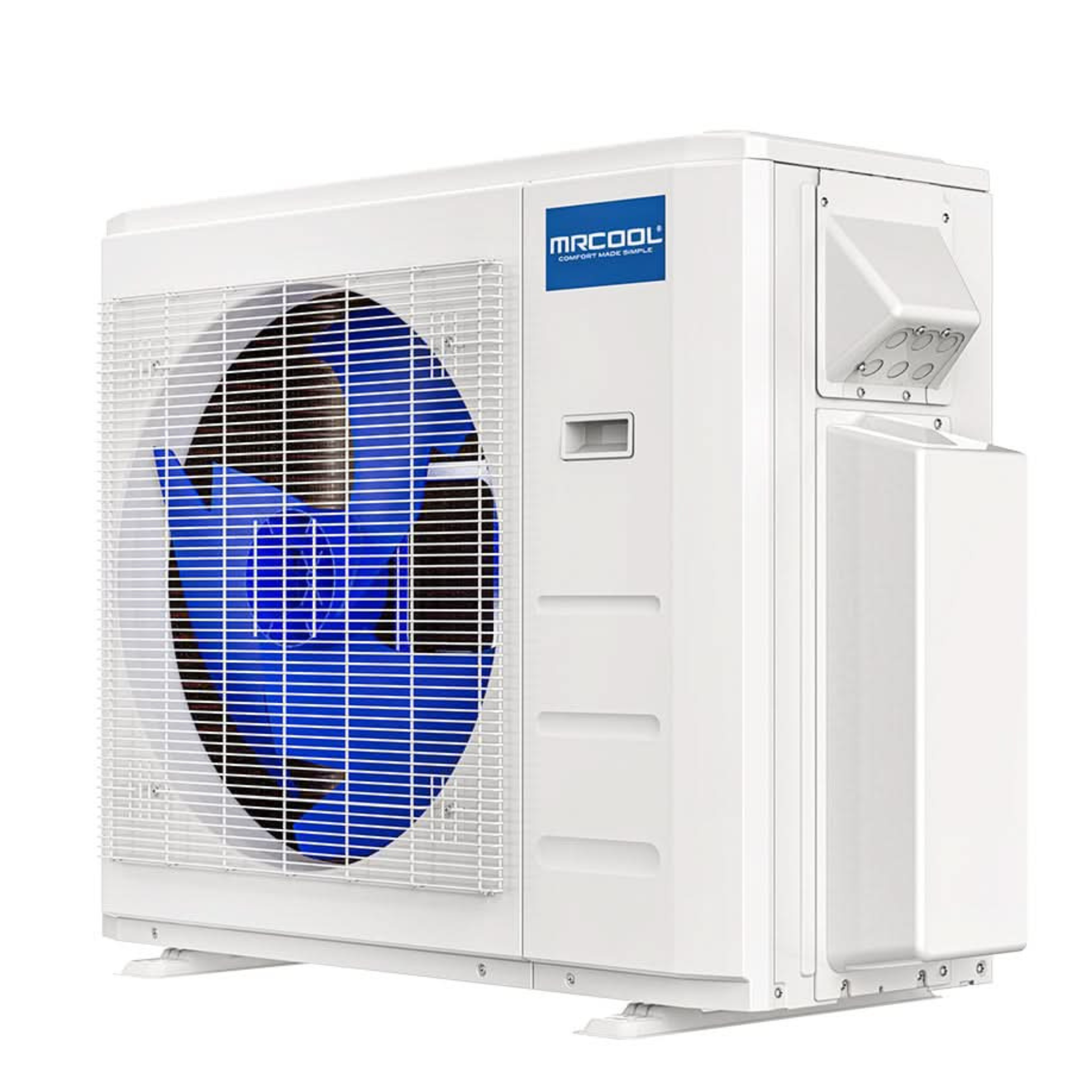 Angled view of MRCOOL DIY 5th Generation 36K BTU 5-zone mini split condenser with high-efficiency inverter heat pump technology for multi-zone ductless heating and cooling applications.