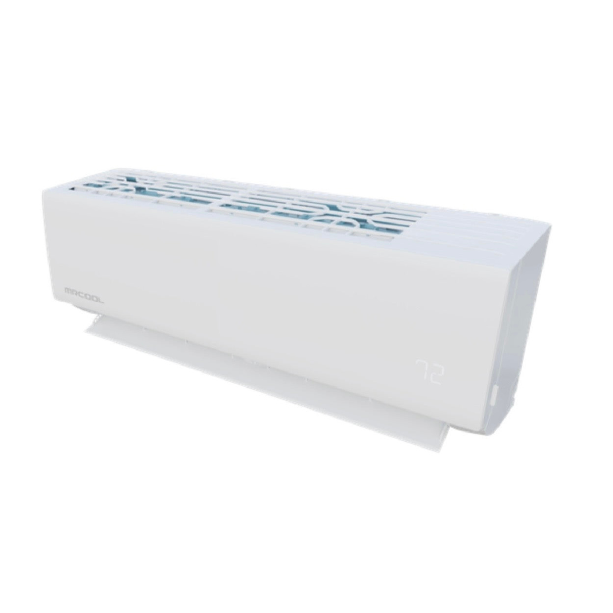 Top angled view of MRCOOL DIY 5th Generation ductless mini split air handler indoor unit showing upper vent design and modern wall mounted profile