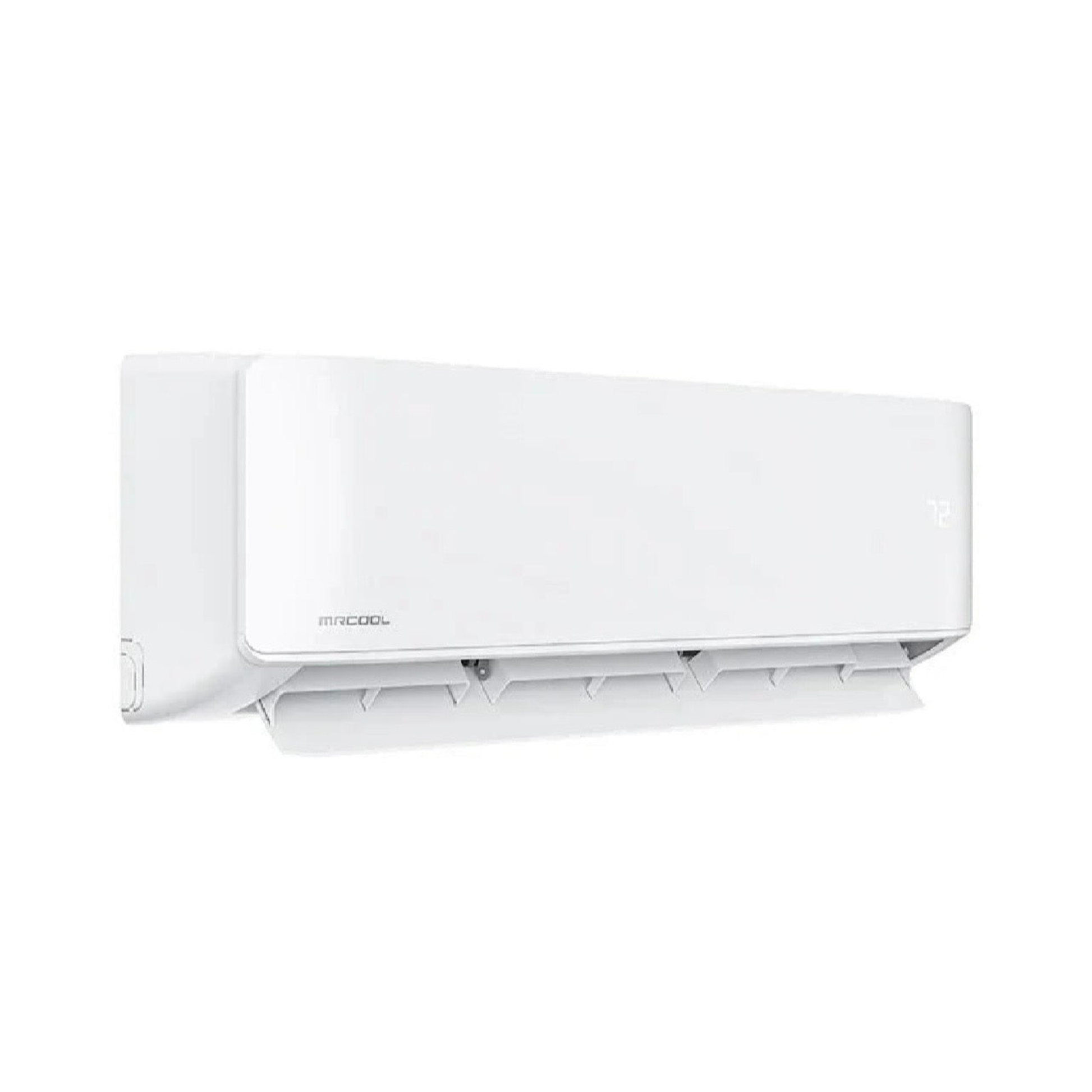 Side angle view of MRCOOL DIY 5th Generation ductless mini split wall mounted air handler indoor unit for home heating and cooling