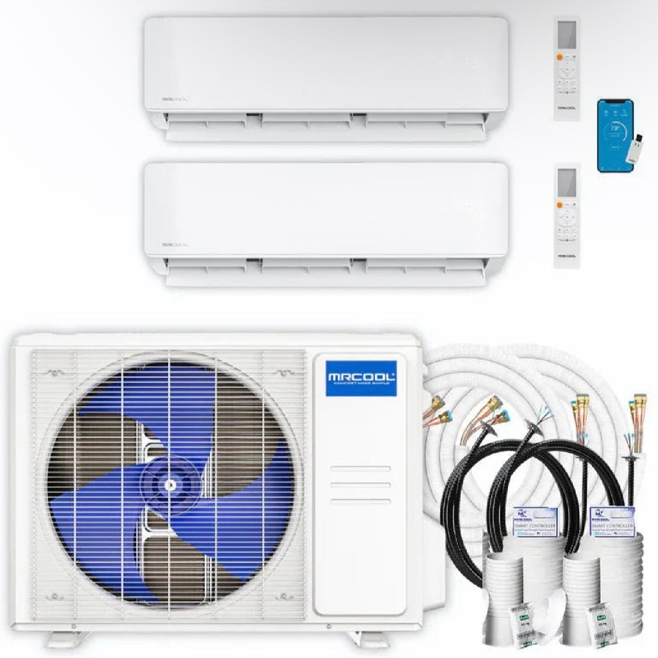MRCOOL DIY 5th Gen Multi Zone 2 Zone 18000 BTU 24 SEER2 ductless mini split heat pump complete system with two 6K air handlers condenser remotes and 16ft line sets