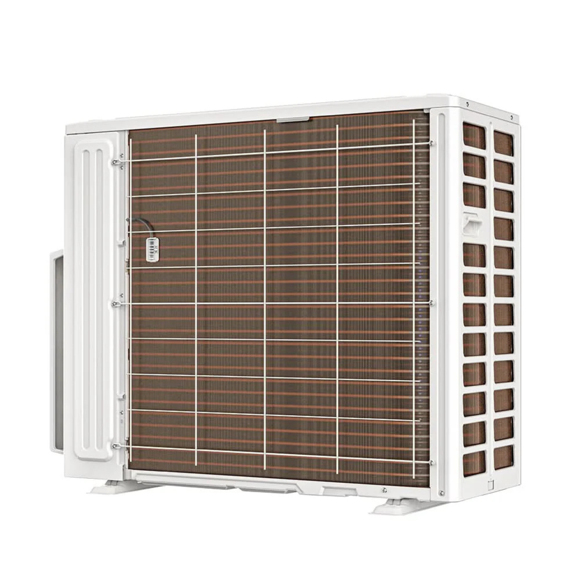 Back coil view of MRCOOL DIY 5th Gen multi zone ductless mini split outdoor condenser with copper heat exchanger and high efficiency inverter heat pump system using R454B refrigerant DIY-MULTI4-27HP230D-O