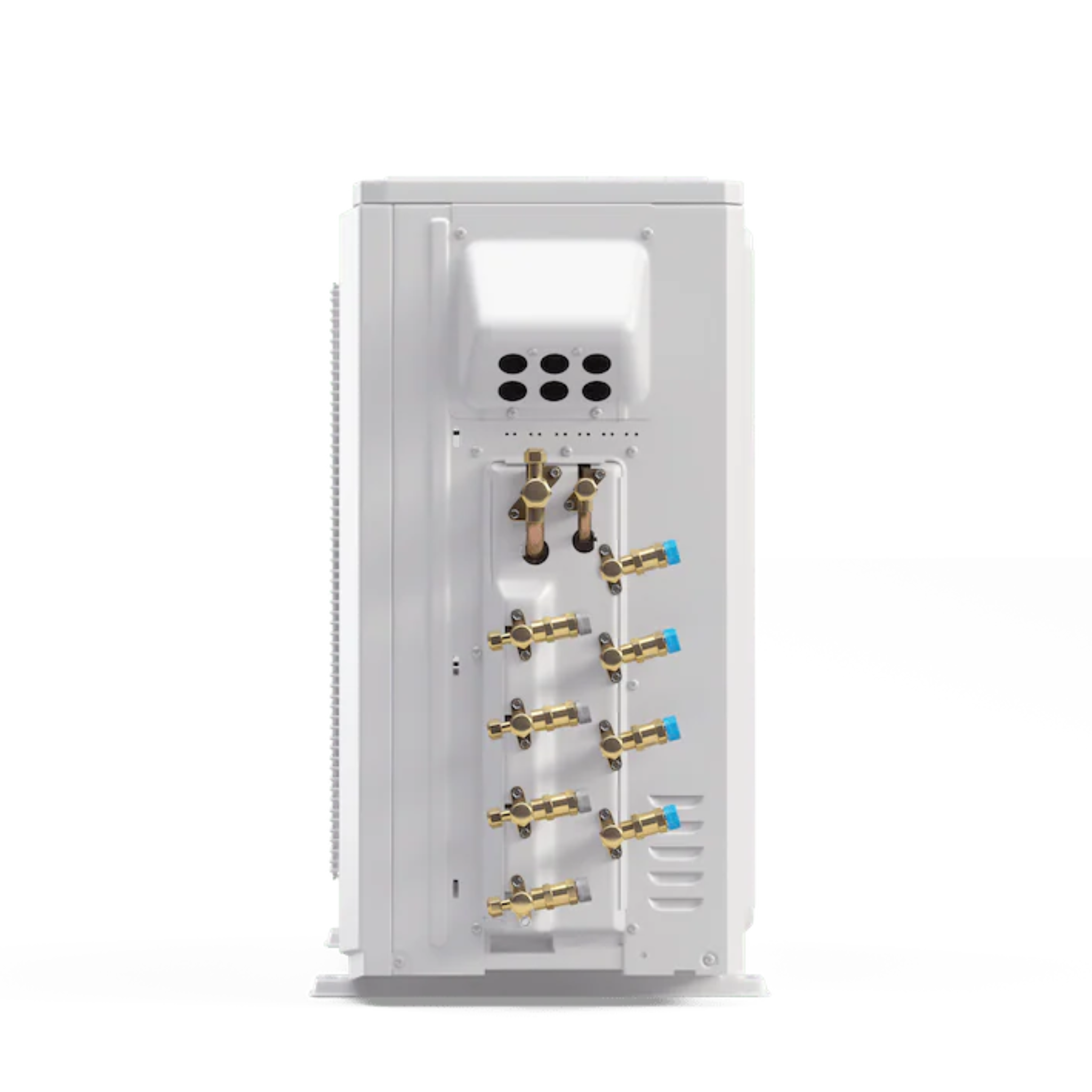 Rear connection port view of MRCOOL DIY 5th Gen multi zone ductless mini split condenser with pre charged Quick Connect line set valves and R454B inverter heat pump technology for residential HVAC installation DIY-MULTI4-27HP230D-O