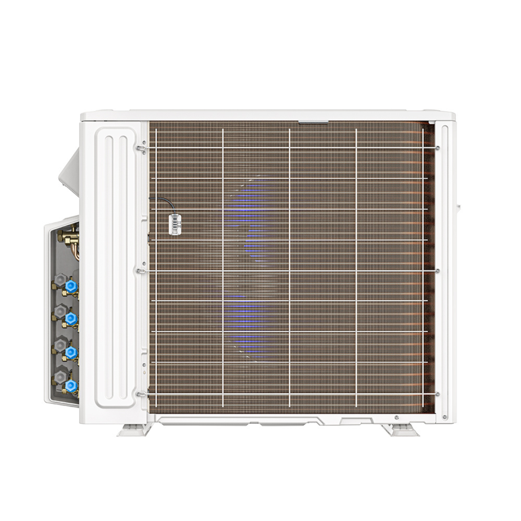 Rear condenser coil view of MRCOOL DIY 5th Gen multi zone ductless mini split outdoor heat pump with exposed copper heat exchanger and pre charged line set valve connections using R454B refrigerant DIY-MULTI4-27HP230D-O