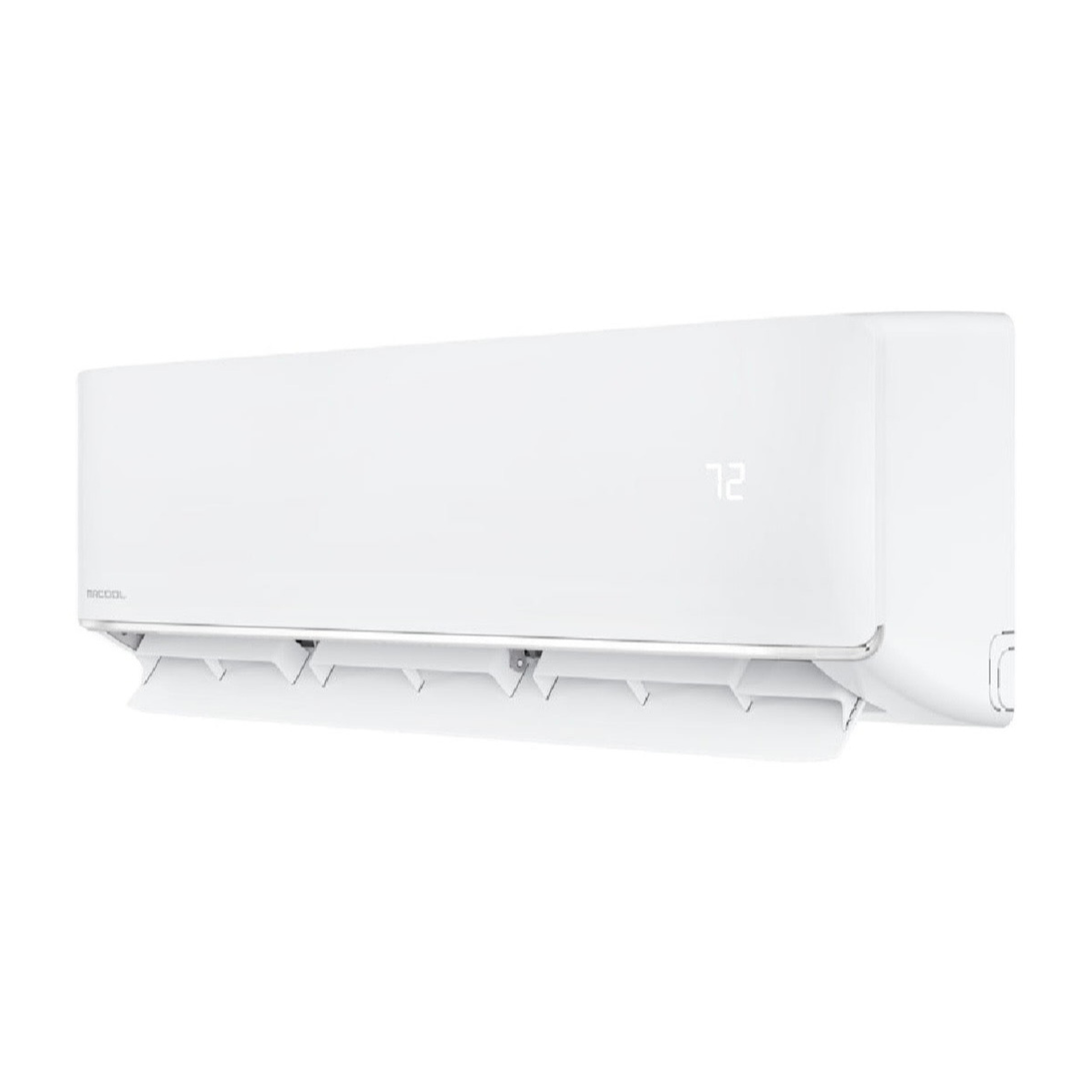 Angled view of MRCOOL DIY 5th Generation wall mounted mini split air handler indoor unit with adjustable airflow vents for efficient home comfort