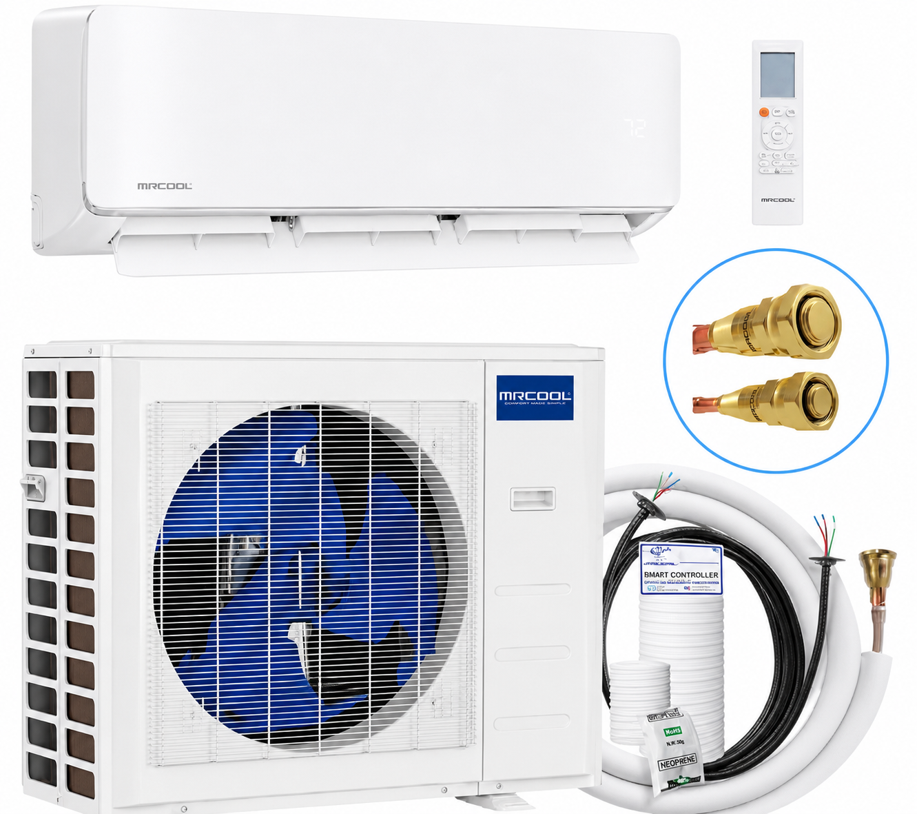 MRCOOL DIY Hyper Heat 5th Generation 12,000 BTU 23.5 SEER2 single zone ductless mini split system with wall-mounted air handler, outdoor condenser, wireless remote, 25 ft pre-charged QuickConnect® line set, DIYPRO® cable, and R-454B refrigerant, Model DIYHH-12-HP-WM-230D25-O.