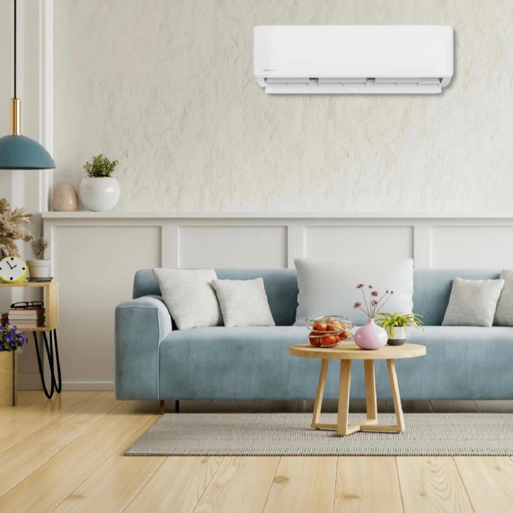 MRCOOL DIY mini split air handler installed in modern living room providing energy efficient ductless heating and cooling comfort for home spaces