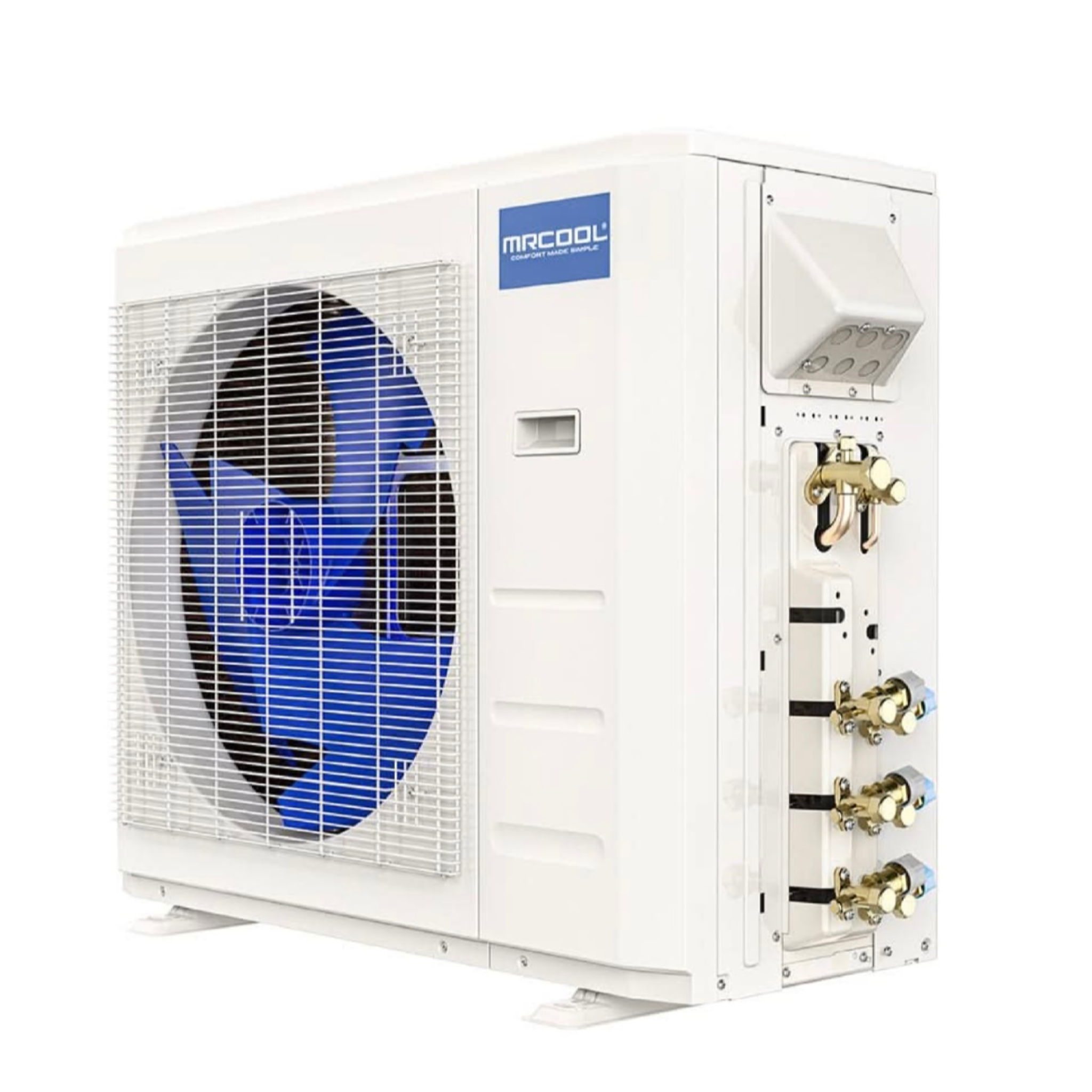 MRCOOL DIY 5th Generation 18K BTU 3 zone multi zone mini split condenser showing refrigerant connection ports and outdoor heat pump unit model DIY-MULTI3-18HP230D-O