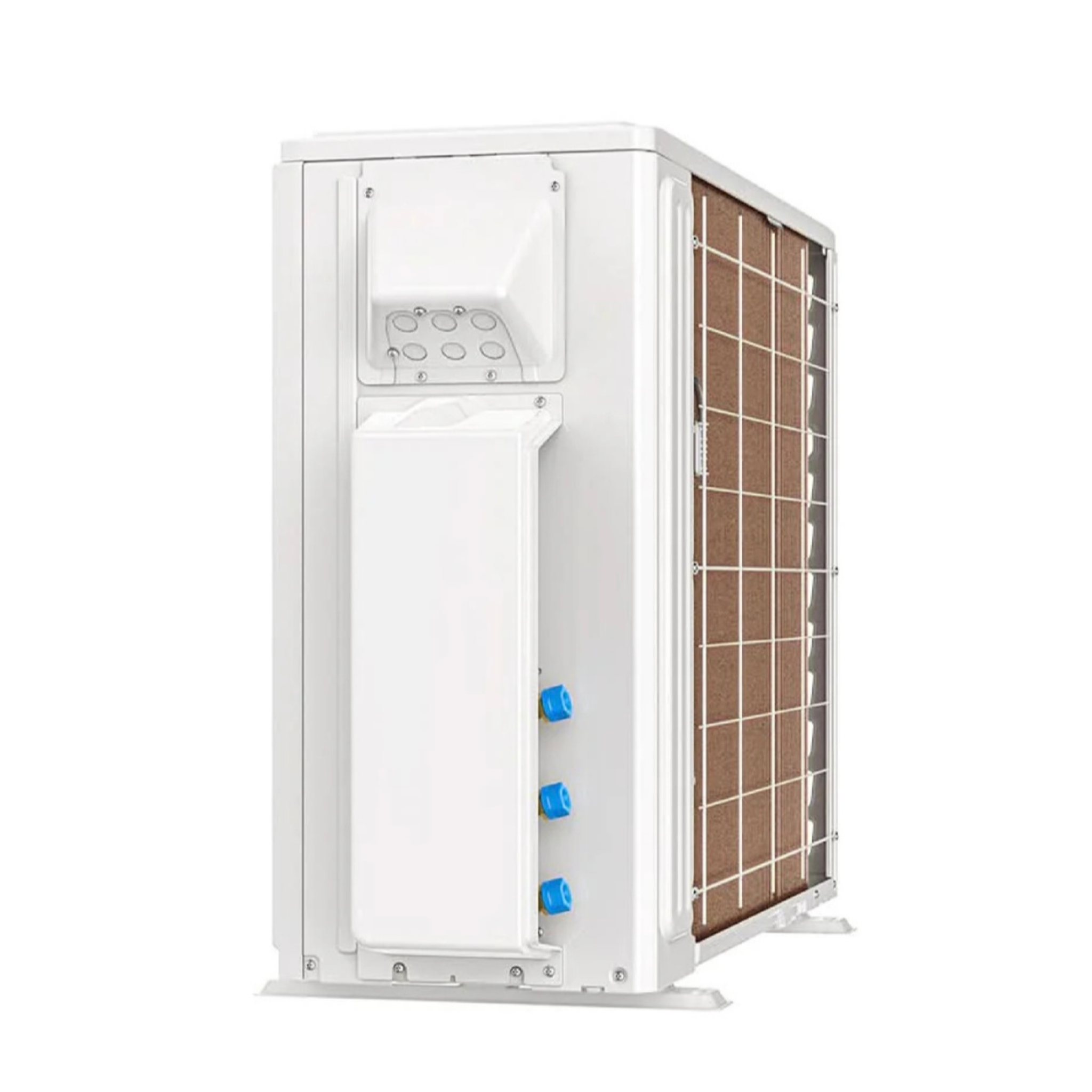 Side view of MRCOOL DIY 5th Generation 18K BTU 3 zone multi zone mini split condenser outdoor heat pump unit model DIY-MULTI3-18HP230D-O