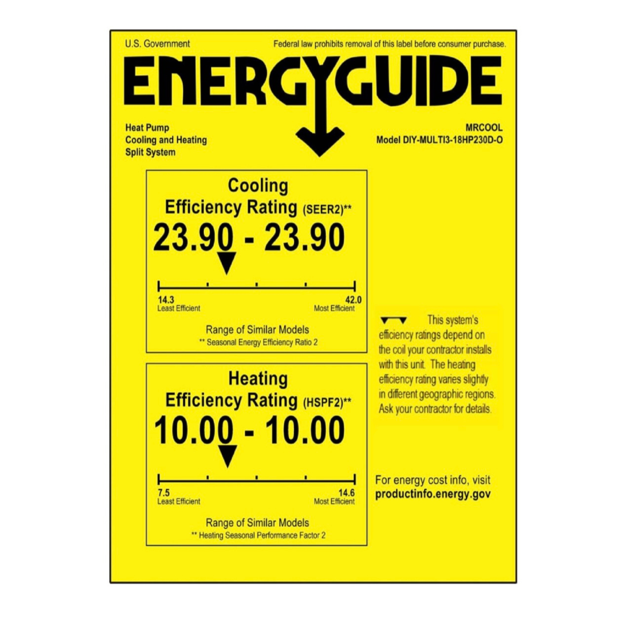 MRCOOL DIY-MULTI3-18HP230D-O Energy Guide label showing 23.9 SEER2 cooling efficiency and 10 HSPF2 heating efficiency ratings for ductless mini split heat pump system