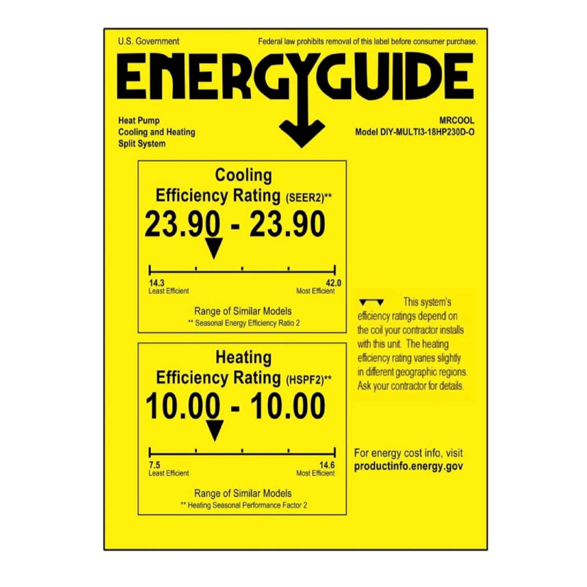 MRCOOL DIY-MULTI3-18HP230D-O Energy Guide label showing 23.9 SEER2 cooling efficiency and 10 HSPF2 heating efficiency ratings for ductless mini split heat pump system