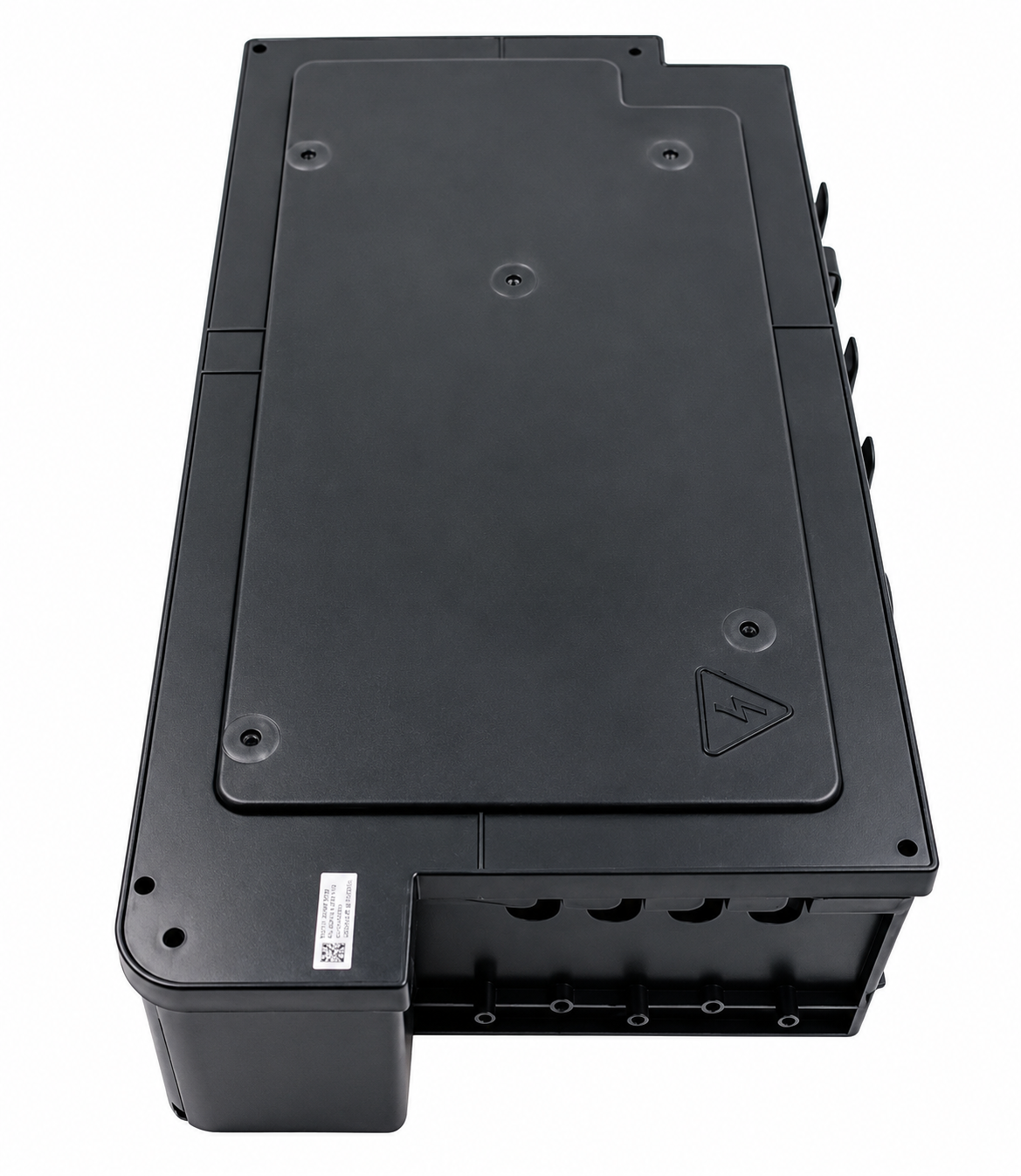 Top view of MRCOOL OEM electronic control box subassembly, part 17222300002428, for DIY-MULTI3-27HP230 multi-zone heat pump outdoor condenser, showing black protective housing, mounting holes, and electrical warning symbol.