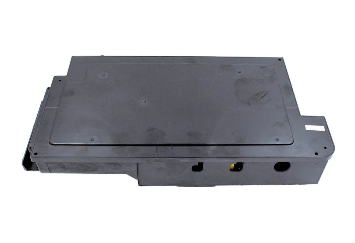 Bottom view of MRCOOL OEM electronic control box subassembly, part 17222300002929, for DIY-MULTI3-27HP230C 27,000 BTU multi-zone heat pump condenser, showing black protective housing, mounting tabs, and electrical safety warning symbol.