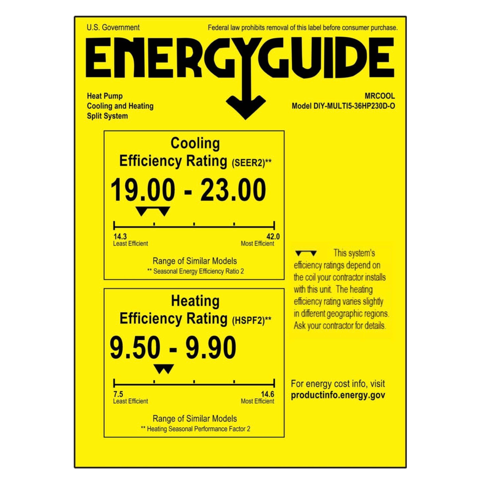 EnergyGuide label for MRCOOL DIY Multi-Zone 36K BTU 5-zone heat pump system model DIY-MULTI5-36HP230D-O showing SEER2 cooling efficiency rating up to 23 and HSPF2 heating efficiency up to 9.9.