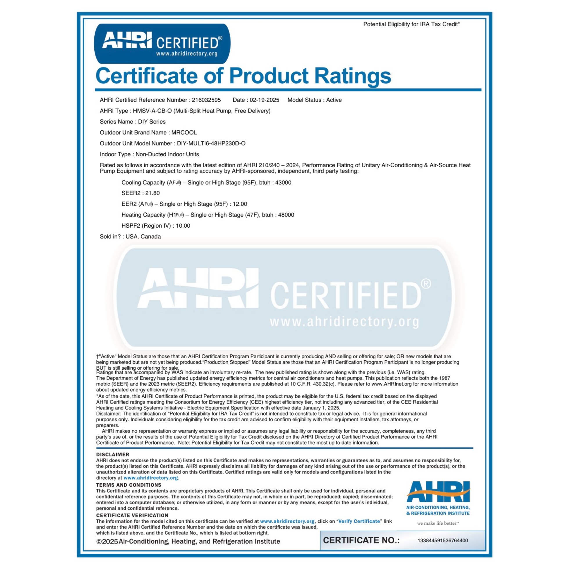 AHRI Certified Certificate of Product Ratings for MRCOOL DIY Series Multi-Zone Heat Pump model DIY-MULTI6-48HP230D-O showing 21.8 SEER2, 12.0 EER2, 48,000 BTU heating capacity, and 10.0 HSPF2 efficiency ratings.