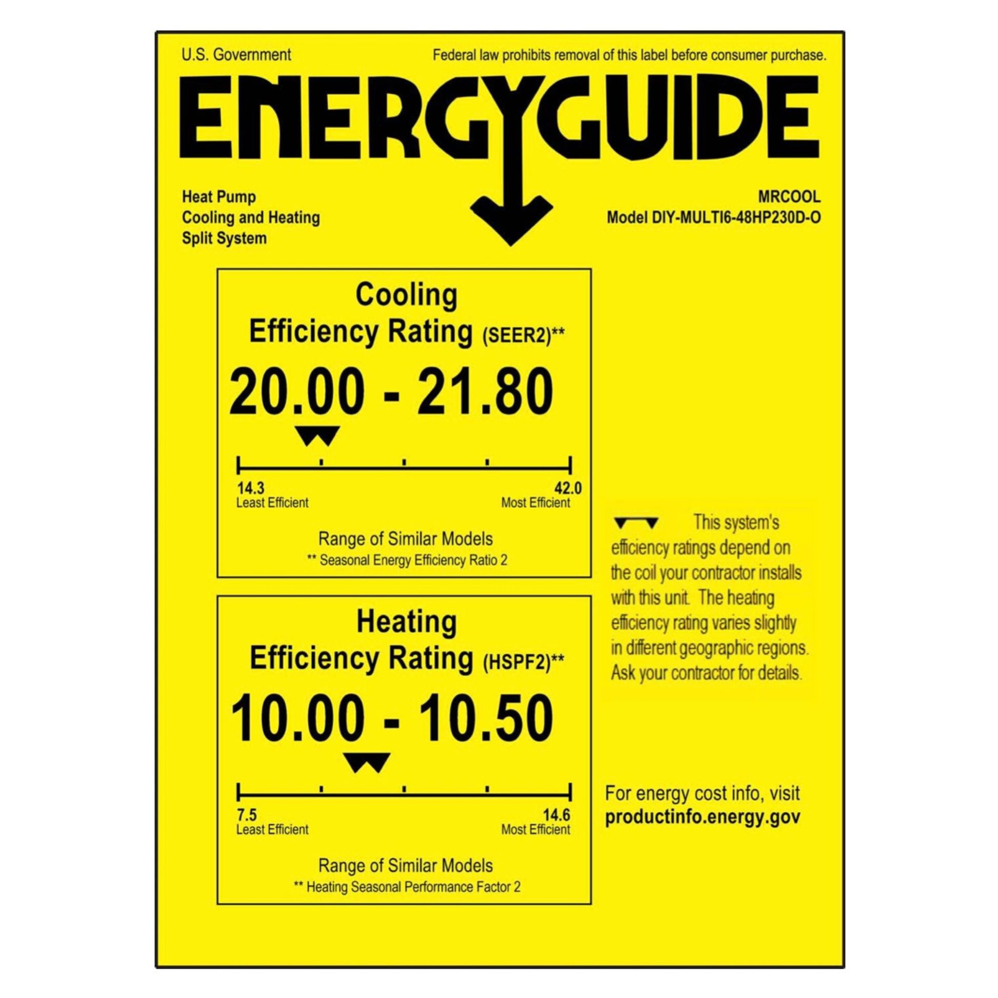 MRCOOL DIY Multi 6-Zone 48,000 BTU EnergyGuide label showing 20.0 to 21.8 SEER2 cooling efficiency and 10.0 to 10.5 HSPF2 heating efficiency ratings for DIY-MULTI6-48HP230D-O heat pump split system.