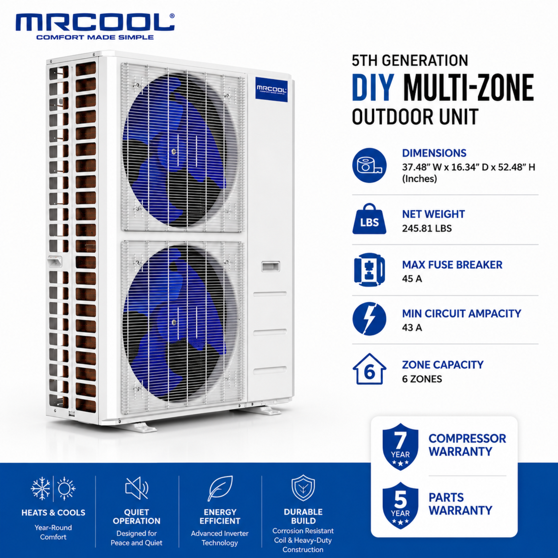 MRCOOL DIY-MULTI6-55HP230D-O 5th Generation 55,000 BTU DIY multi-zone outdoor condenser with dimensions, electrical specifications, 6-zone capacity, and warranty information for ductless mini split heat pump systems.