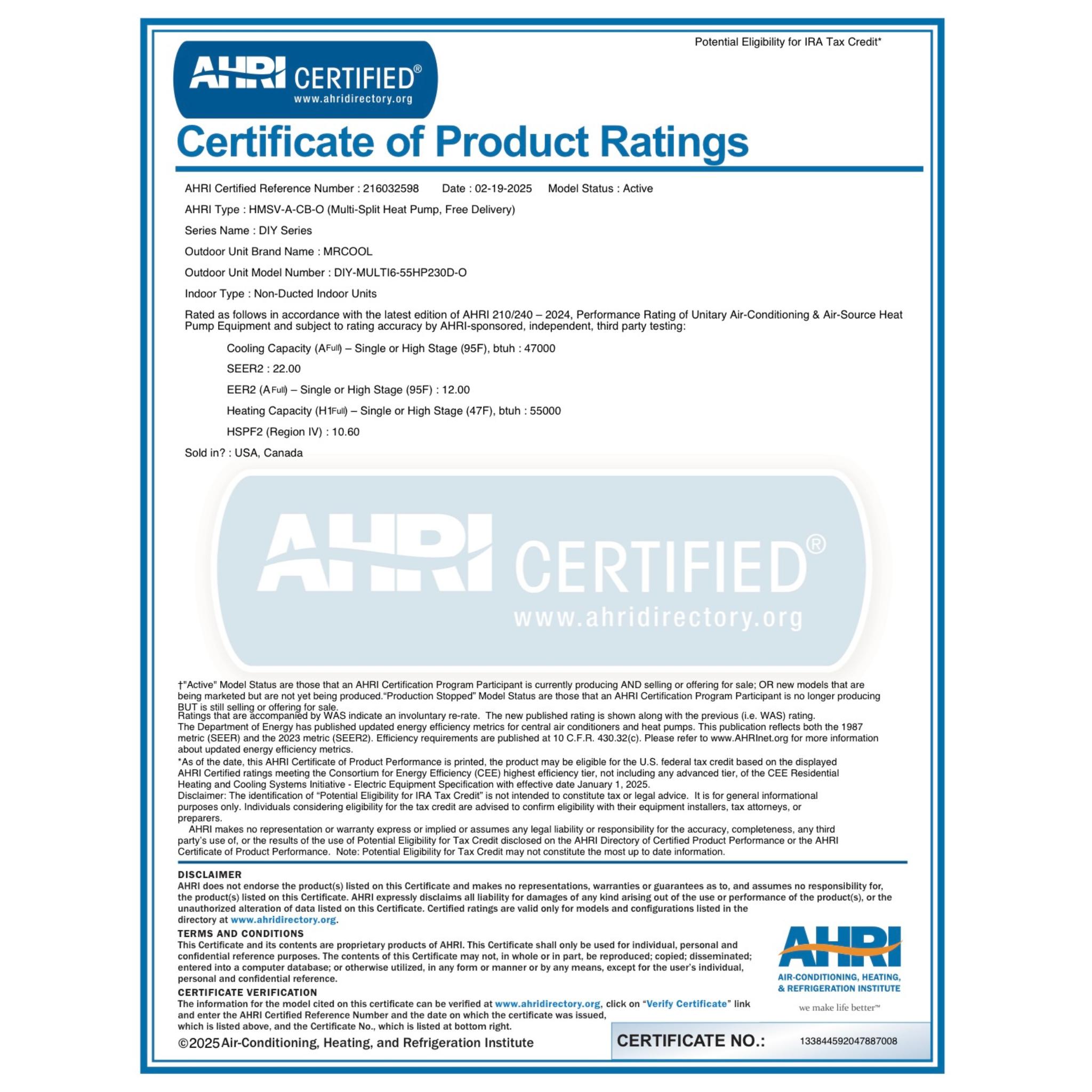 AHRI Certified Certificate of Product Ratings for MRCOOL DIY-MULTI6-55HP230D-O 55,000 BTU multi-zone heat pump system showing 22 SEER2 efficiency, 10.60 HSPF2 rating, and certified heating and cooling performance data.