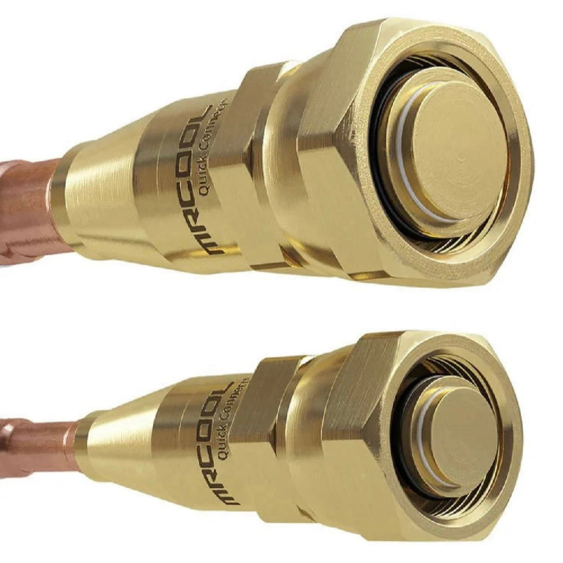 Close up of MRCOOL DIY Quick Connect pre charged line set fittings for no vacuum ductless mini split installation system