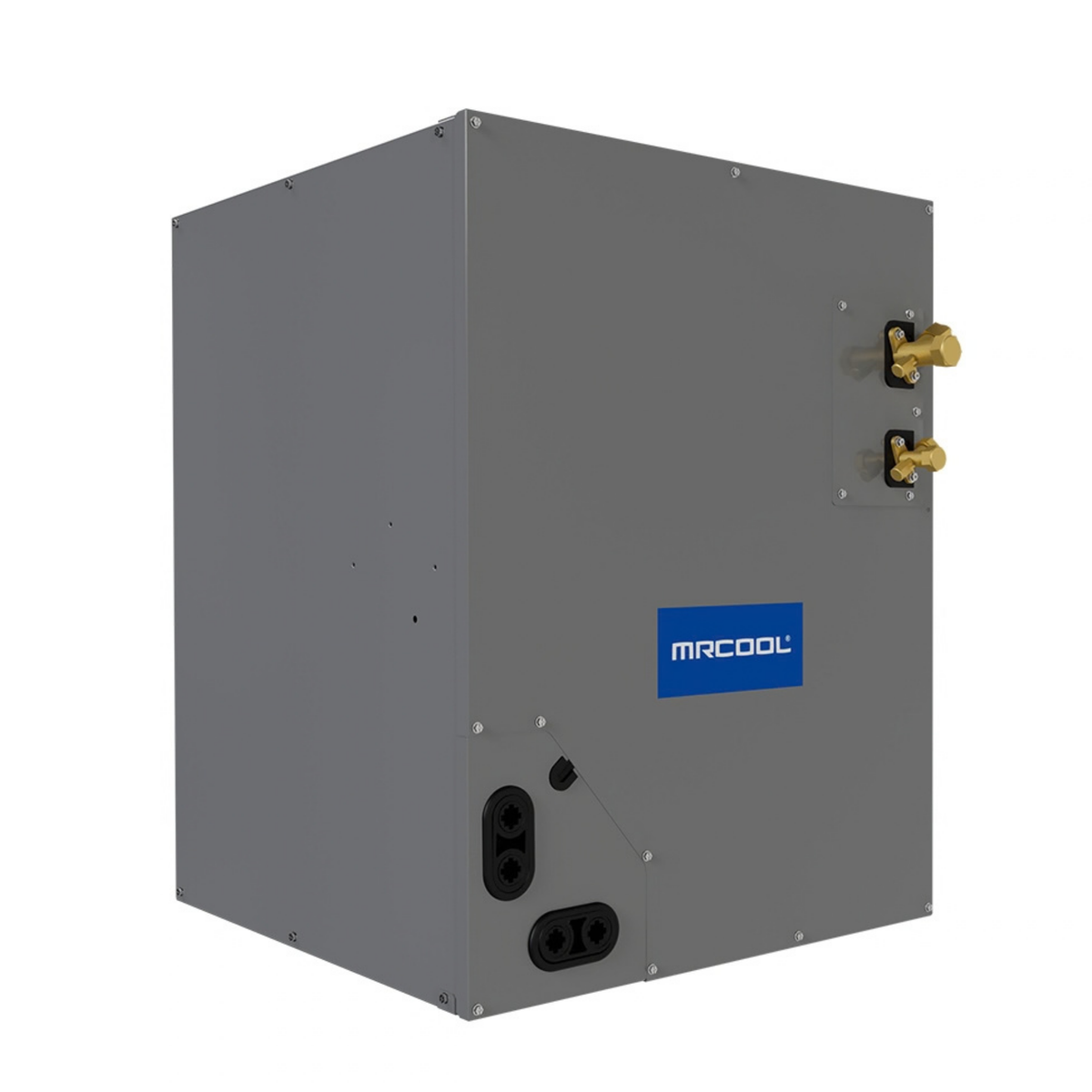 MRCOOL MCMP1824BOTB 1.5 to 2 ton R-454B pre-charged multi-position cased evaporator coil angled view with refrigerant connections