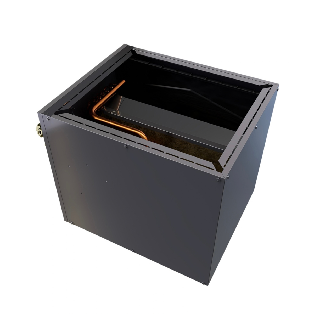 MRCOOL MCMP1824BOTB 1.5 to 2 ton R-454B pre-charged cased evaporator coil top interior view showing coil and copper refrigerant tubing