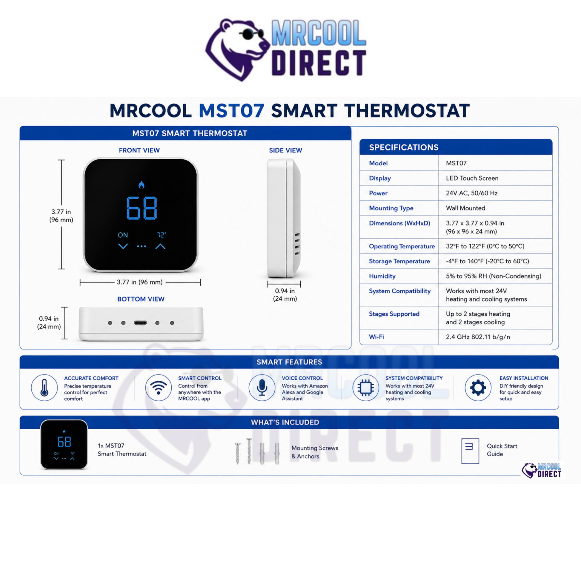 MRCOOL MST07 smart thermostat specifications chart showing front, side, and bottom views with dimensions, WiFi smart control features, voice assistant compatibility, 24V HVAC system compatibility, and included installation accessories.