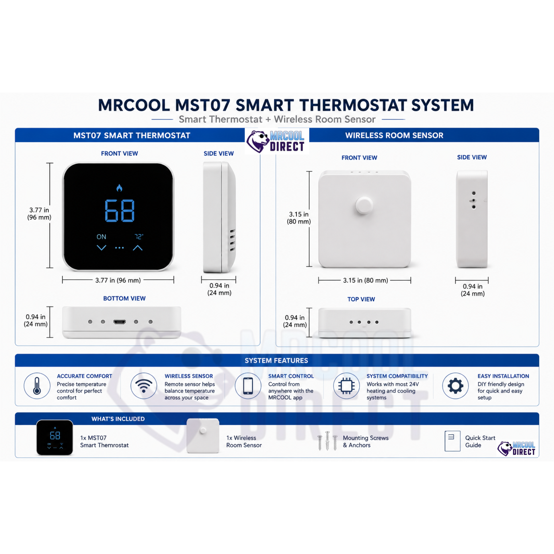 MRCOOL MST07 smart thermostat and wireless room sensor specifications chart showing dimensions, front and side views, wireless sensor details, system compatibility, smart control features, and included accessories for 24V HVAC systems.