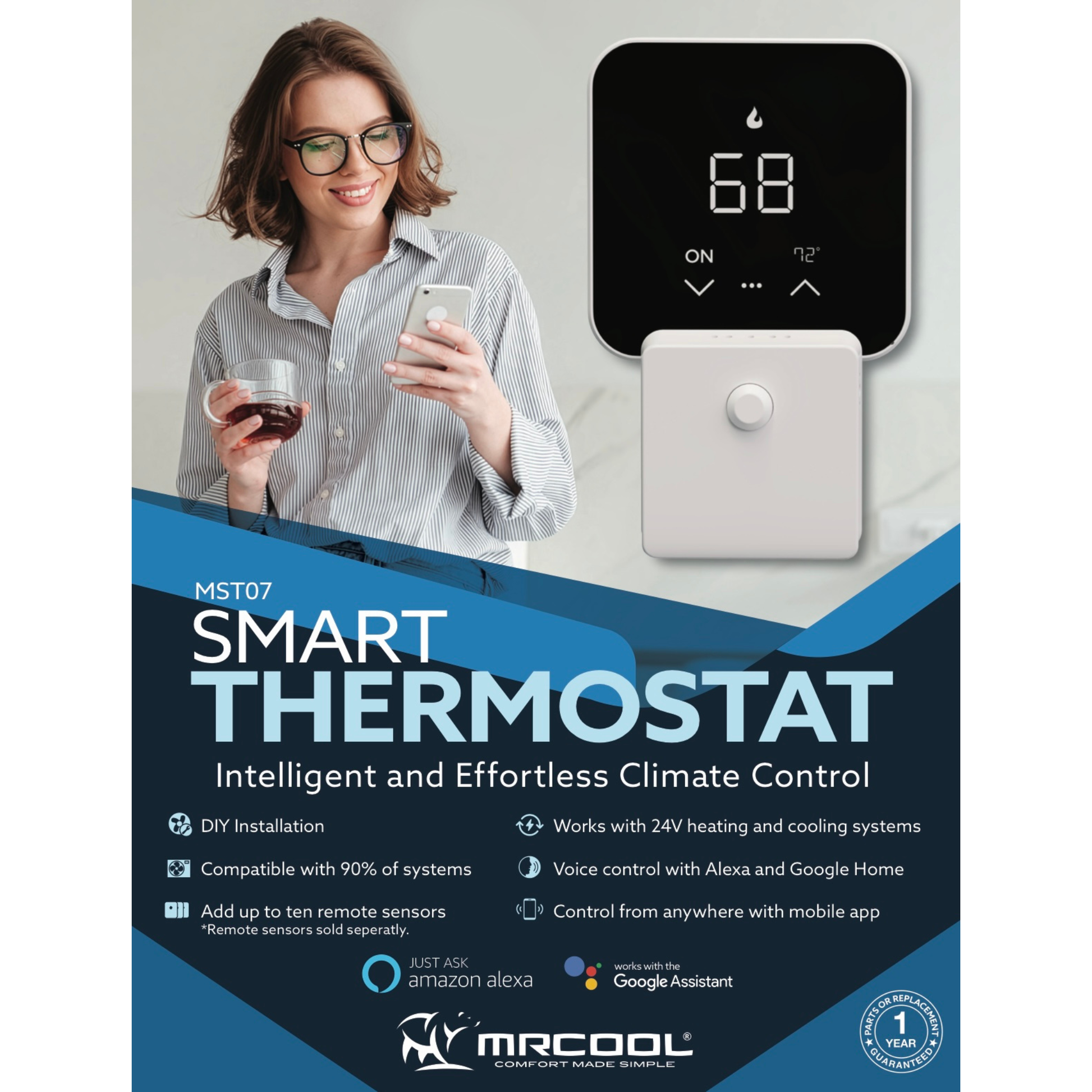 MRCOOL MST07 smart thermostat promotional banner showing touchscreen thermostat, wireless room sensor, Alexa and Google Assistant compatibility, mobile app control, and smart home HVAC climate management features.