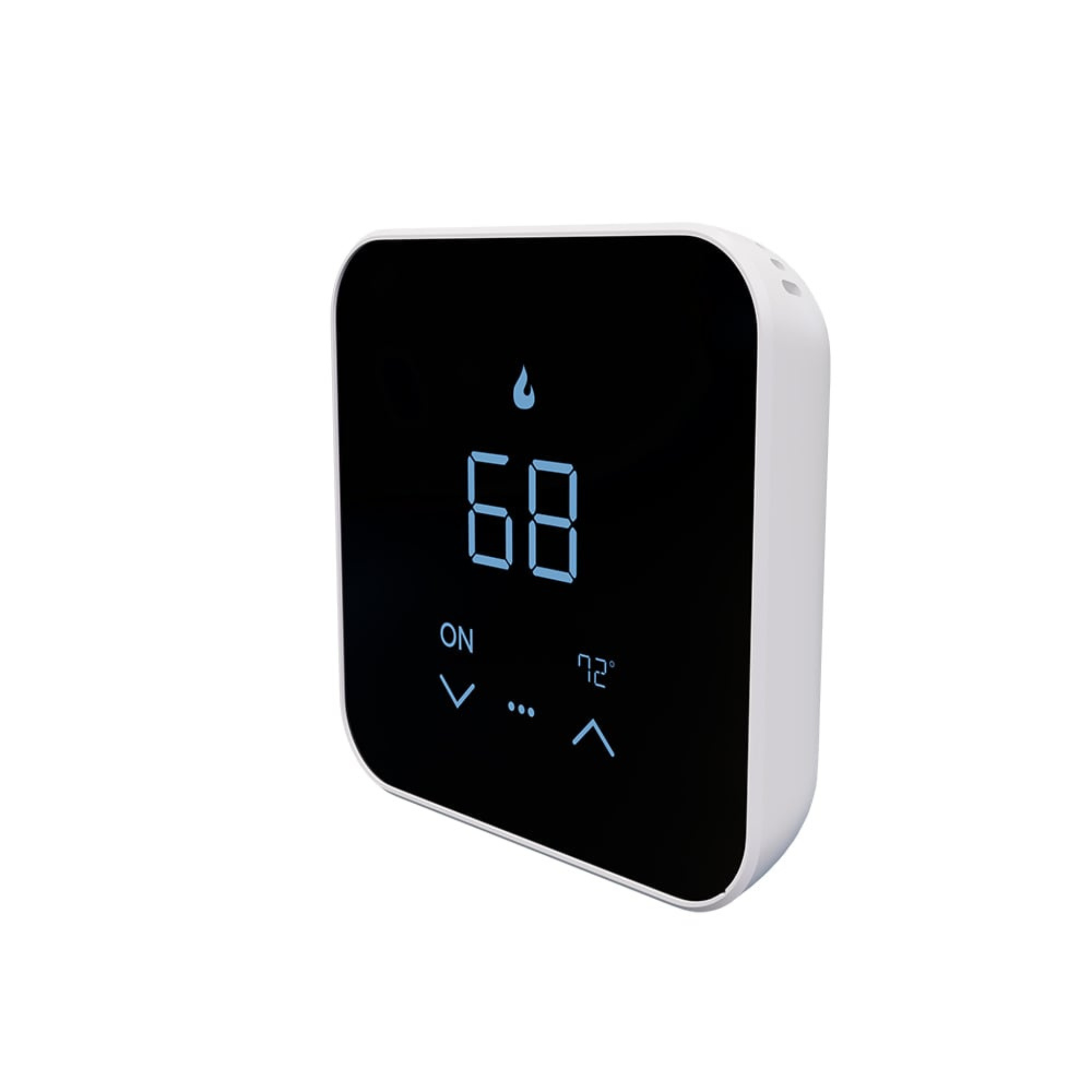 Front angled view of MRCOOL smart thermostat with illuminated digital touchscreen display showing temperature settings and smart HVAC climate control features. MST07