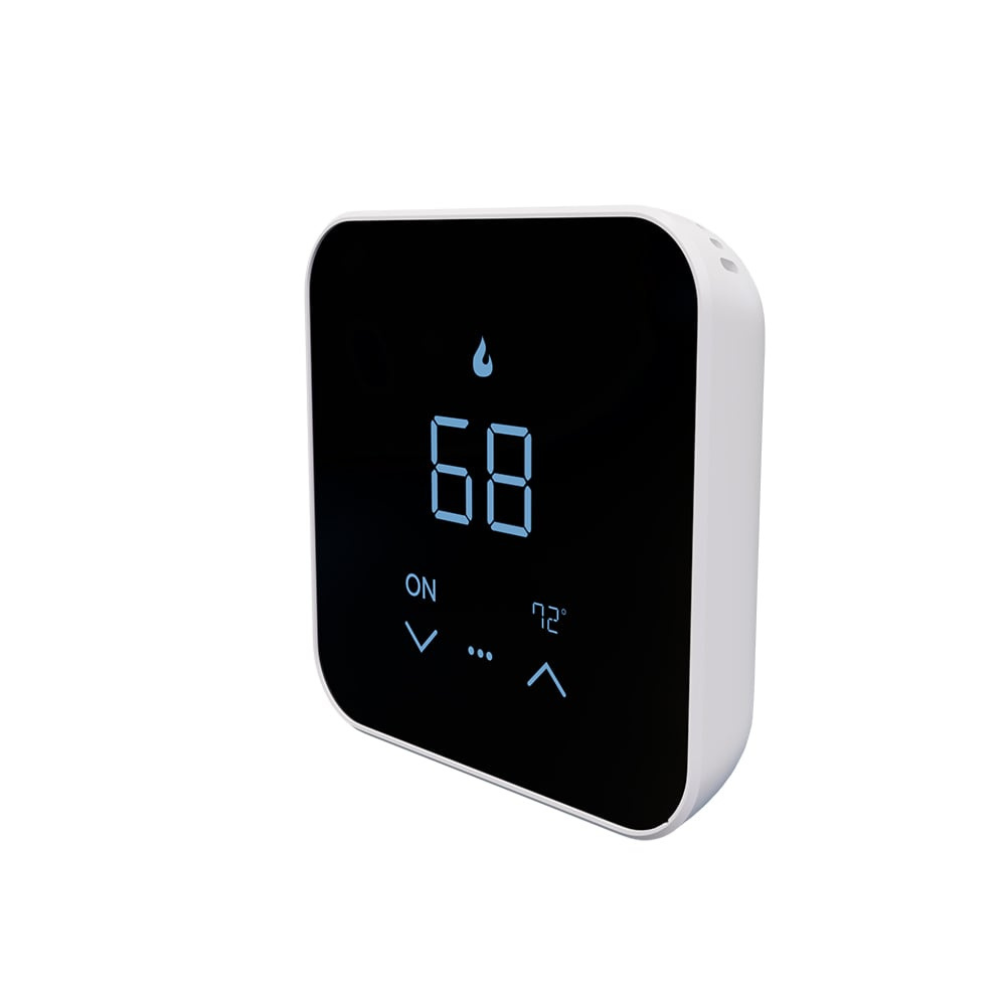 Front angled view of MRCOOL smart thermostat with illuminated digital touchscreen display showing temperature settings and smart HVAC climate control features. MST07