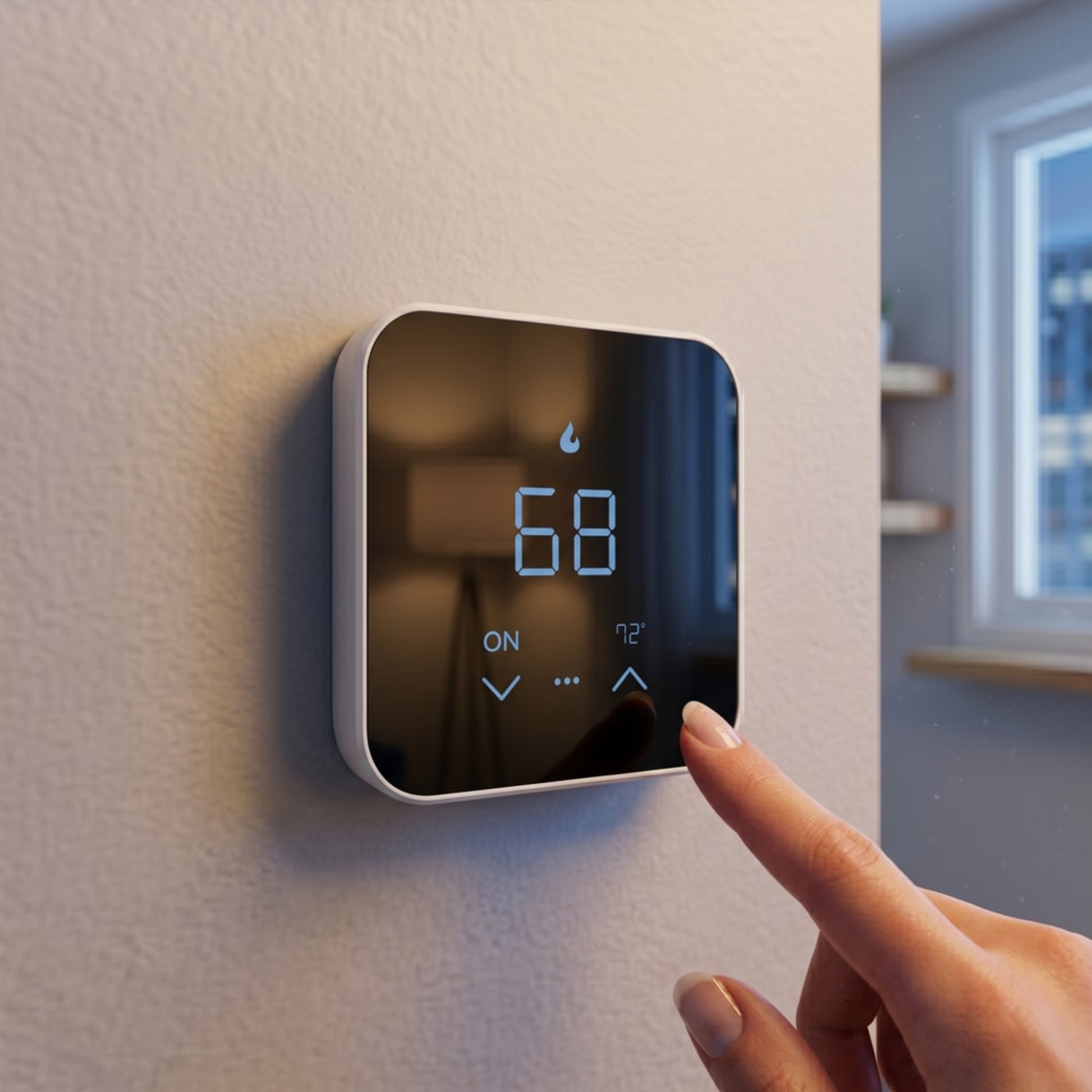 MRCOOL smart thermostat installed on interior wall with touchscreen temperature display and hand adjusting climate settings in a modern home environment. MST07