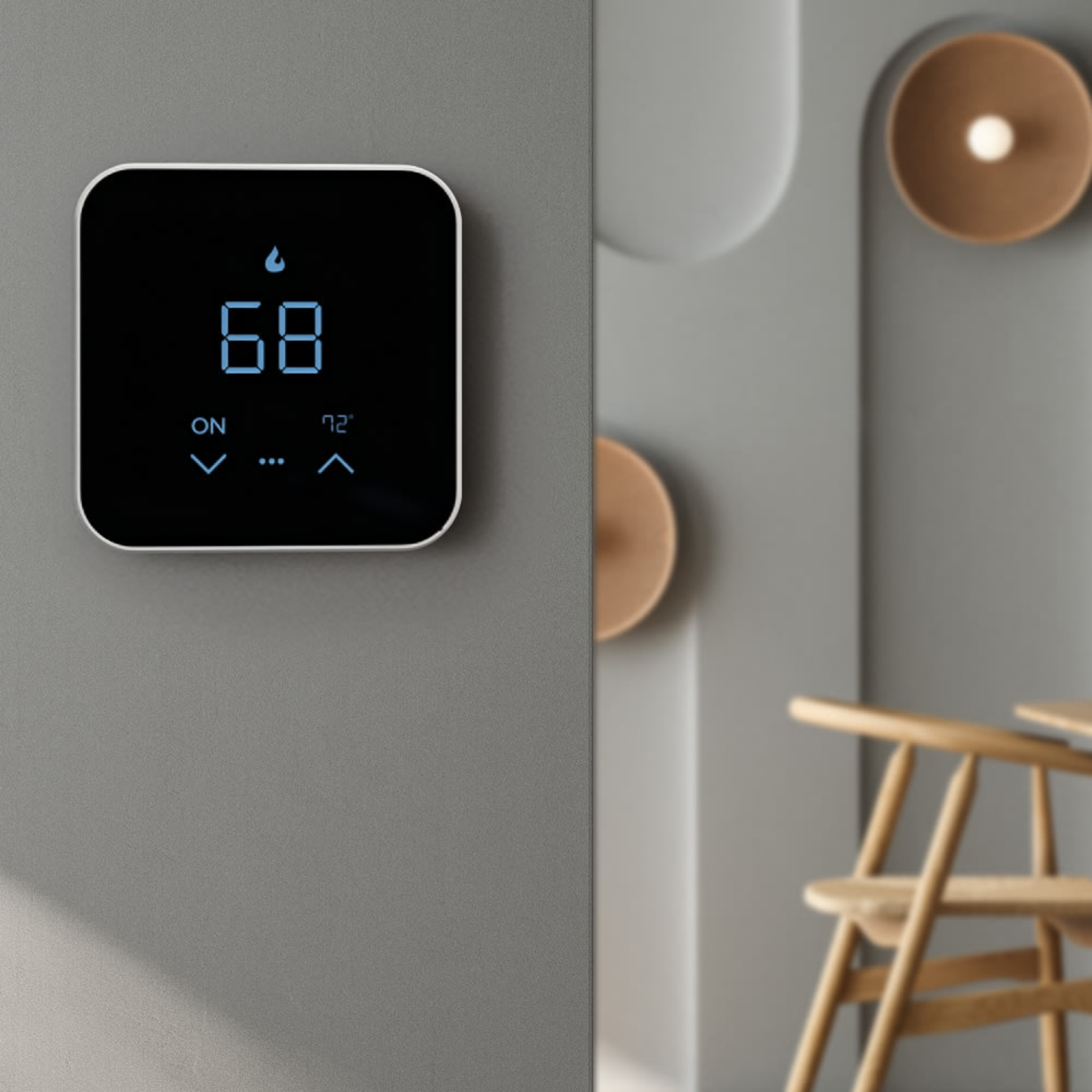 MRCOOL smart thermostat mounted on wall in modern home interior with illuminated touchscreen display for smart HVAC temperature and comfort control. MST07
