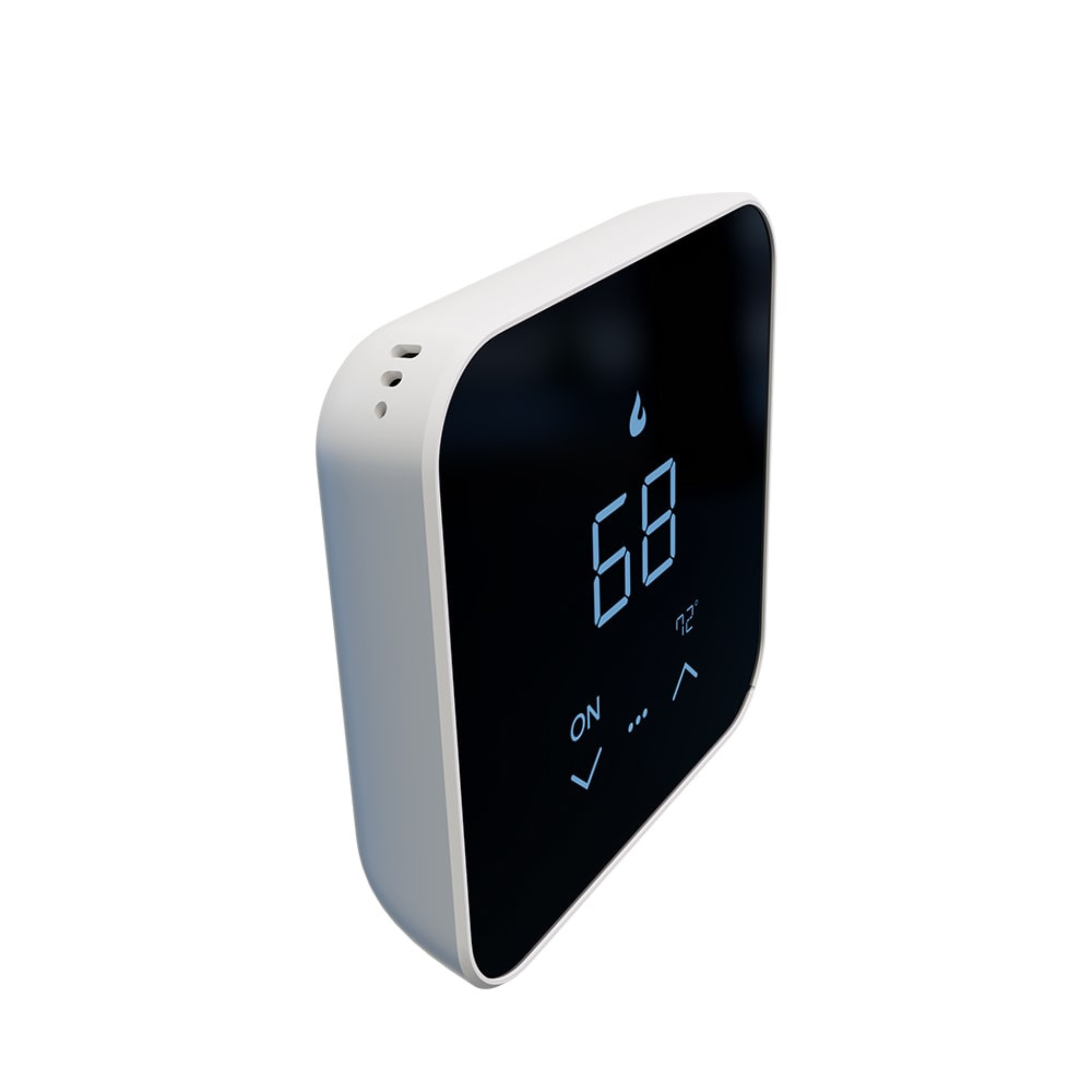 Angled side view of MRCOOL smart thermostat with black touchscreen display and illuminated temperature controls for modern smart HVAC system management. MST07