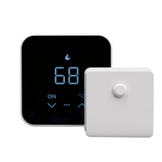 MRCOOL smart thermostat with wireless room temperature sensor for ducted HVAC systems featuring touchscreen display and smart home climate control accessory.