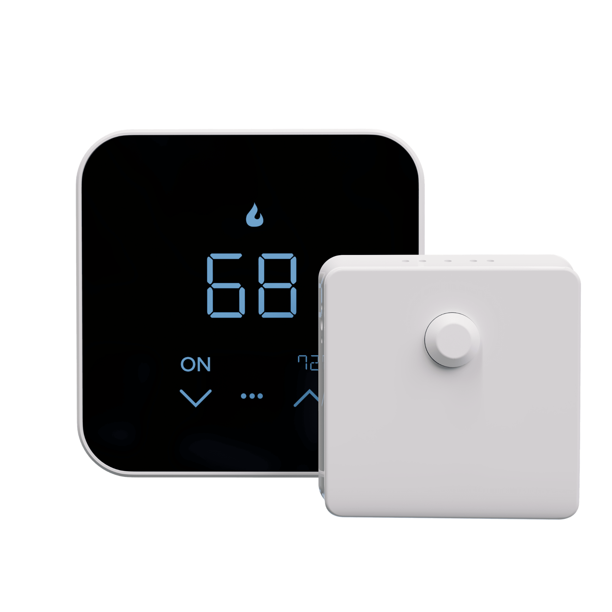 MRCOOL smart thermostat with wireless room temperature sensor for ducted HVAC systems featuring touchscreen display and smart home climate control accessory.