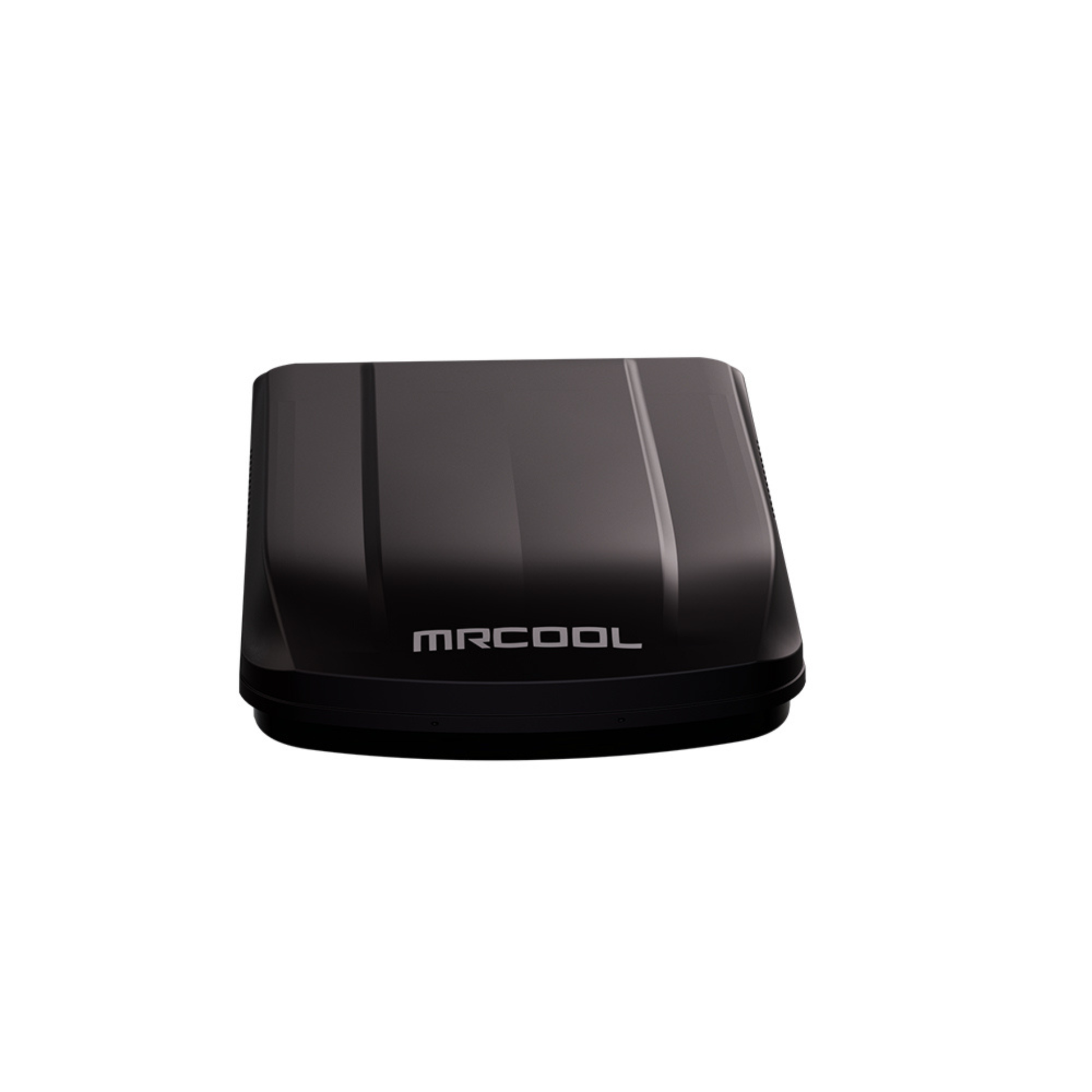 Front view of the MRCOOL® TravelCool™ 15,000 BTU black RV inverter heat pump rooftop air conditioner featuring a low-profile aerodynamic design, variable-speed inverter compressor, 115V power, WiFi connectivity, R-32 refrigerant, and quiet operation, Model MRDHP15K-D.