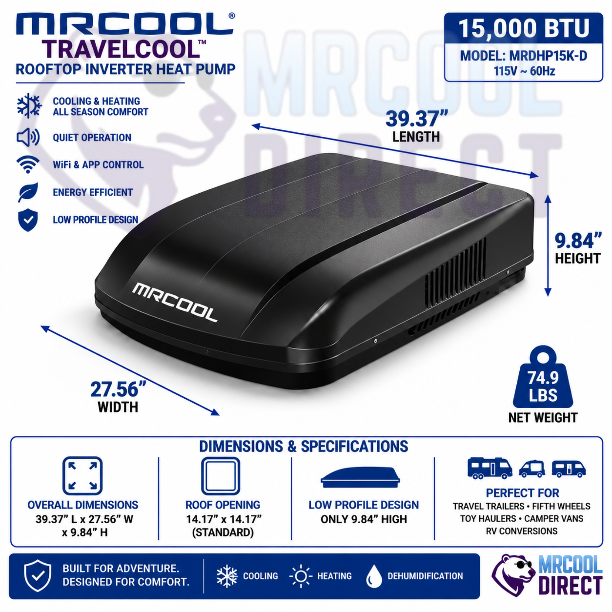 MRCOOL® TravelCool™ 15,000 BTU RV Inverter Heat Pump Bundle with Ductless Interior Kit - Black - 115V - WiFi, MRDHP15KD-LCW