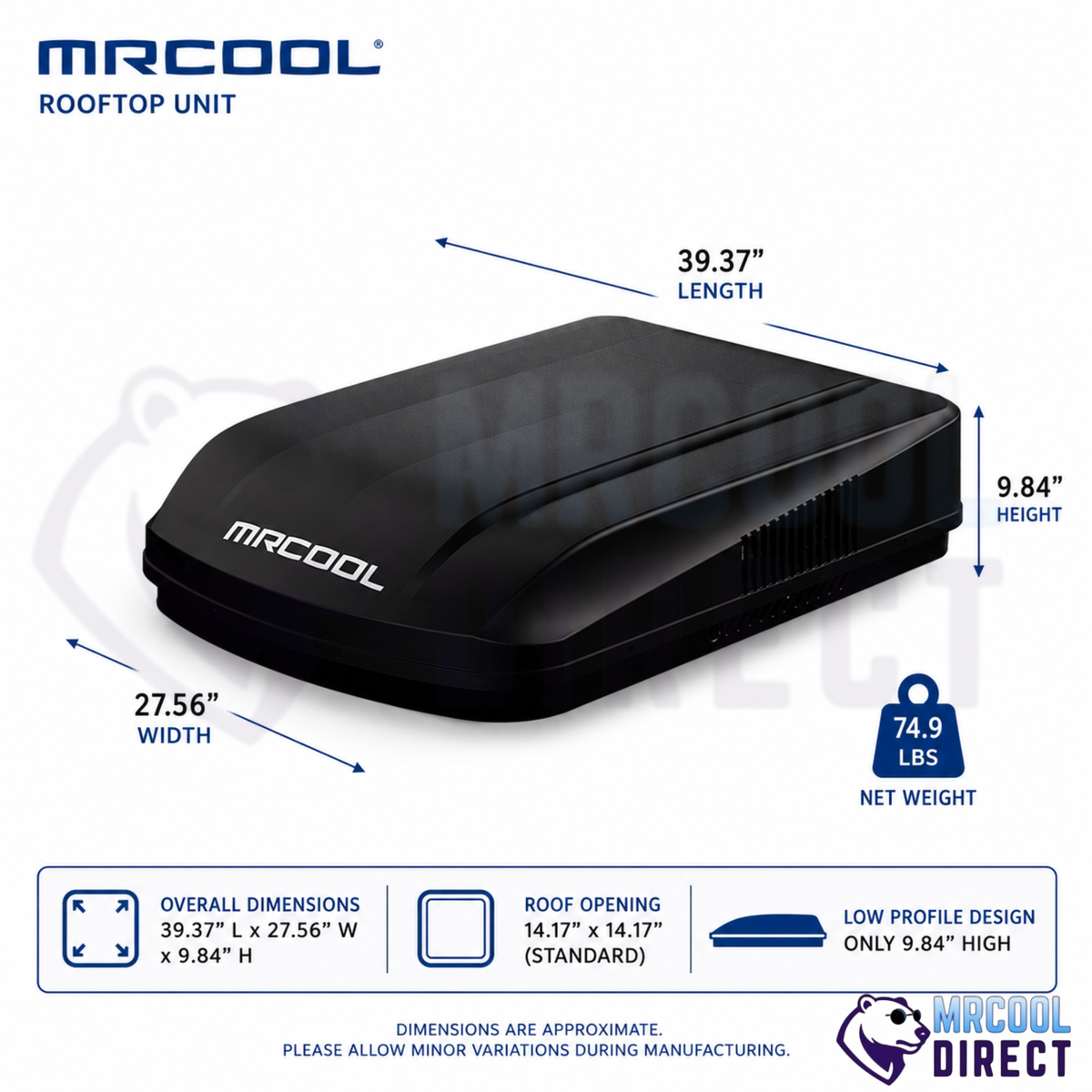 A black MRCOOL rooftop unit shown with dimension arrows and labels indicating length 39.37 inches, width 27.
