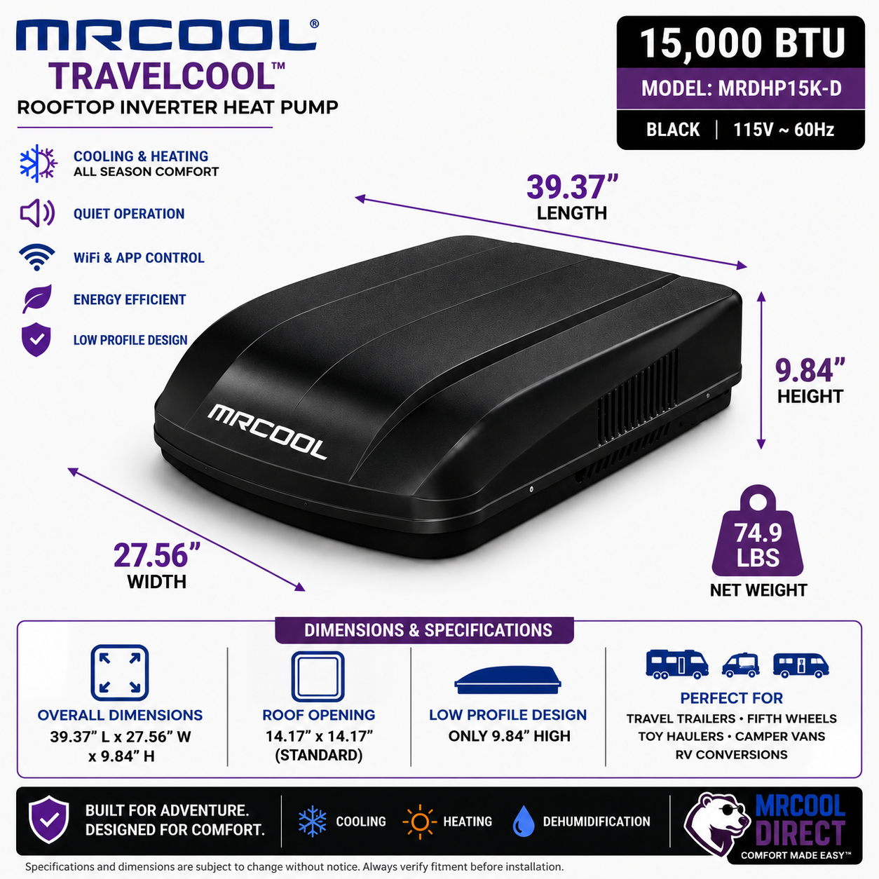 MRCOOL® TravelCool™ 15,000 BTU black RV rooftop inverter heat pump dimensions and specifications infographic for model MRDHP15K-D showing overall dimensions of 39.37 in. L x 27.56 in. W x 9.84 in. H, standard 14.17 x 14.17 inch roof opening, 74.9 lb net weight, low-profile design, WiFi app control, quiet operation, and compatibility with travel trailers, fifth wheels, toy haulers, camper vans, and RV conversions.