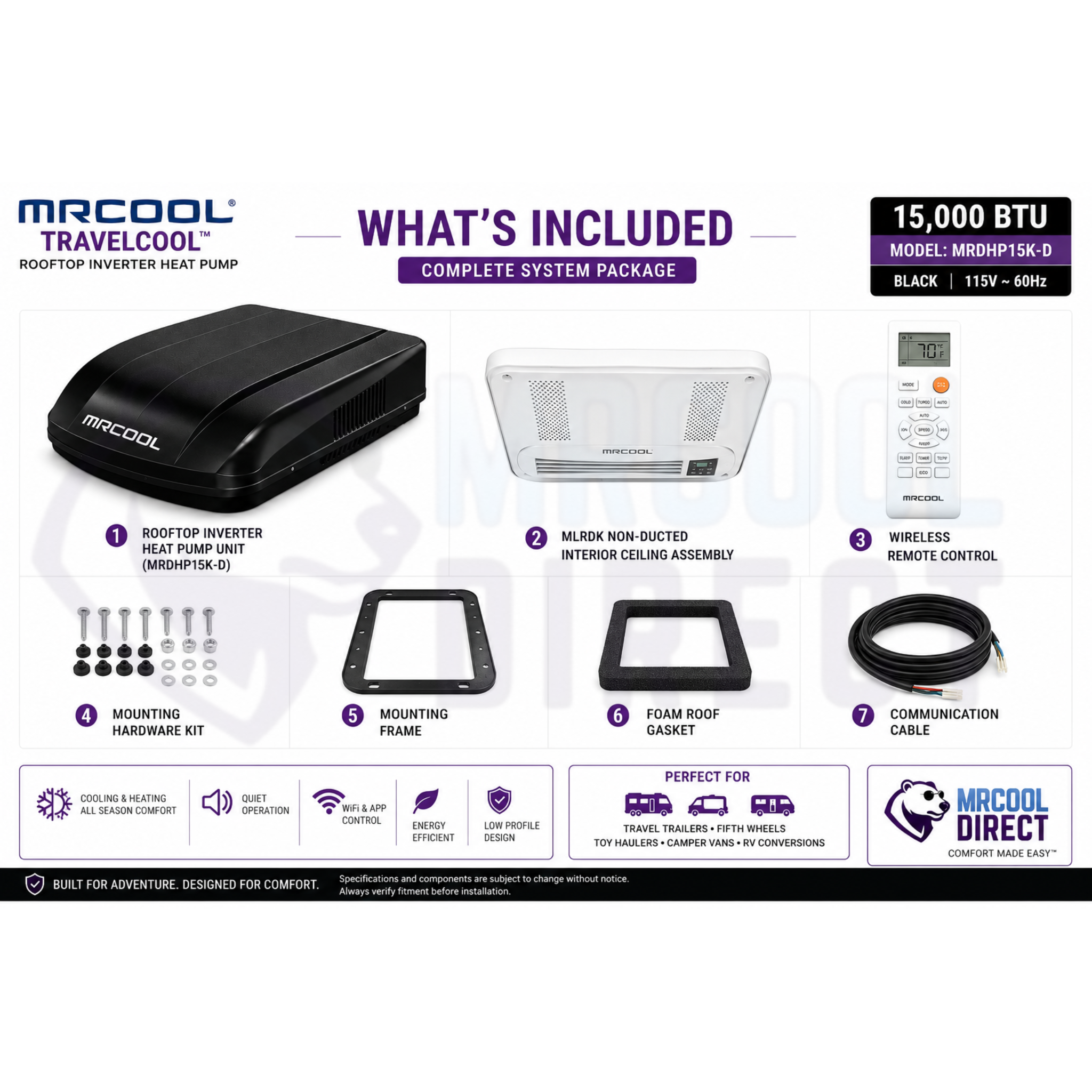 MRCOOL® TravelCool™ 15,000 BTU RV Inverter Heat Pump Bundle with Ductless Interior Kit - Black - 115V - WiFi, MRDHP15KD-LCW